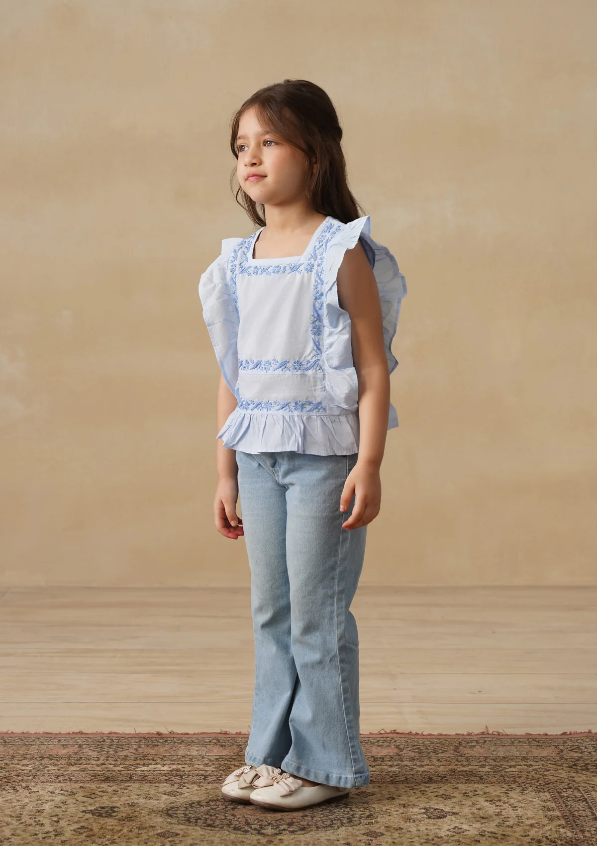 HOC Cotton Chikankari Solid Girls Short Top - Light Blue - Image 5