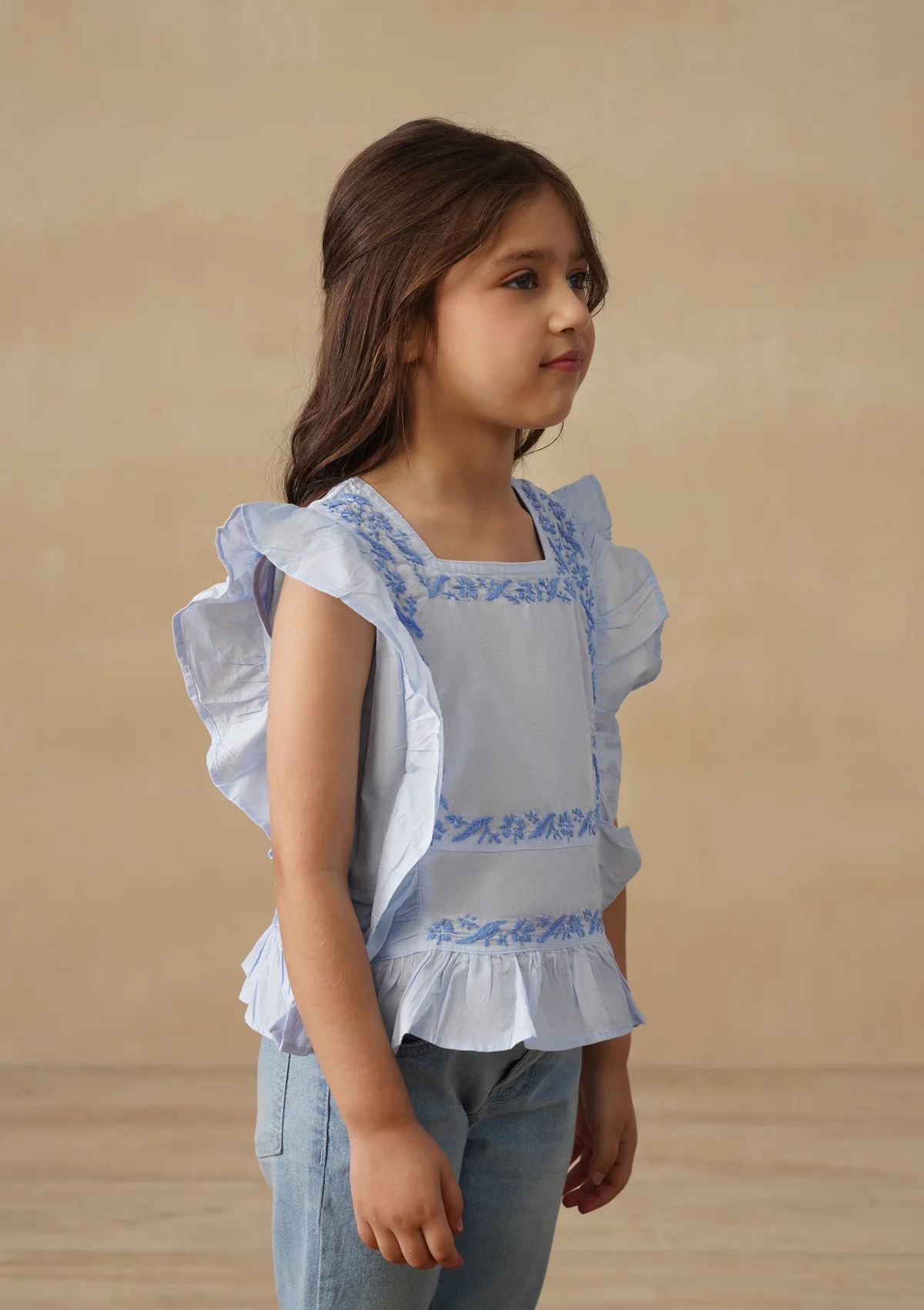 HOC Cotton Chikankari Solid Girls Short Top - Light Blue - Image 6