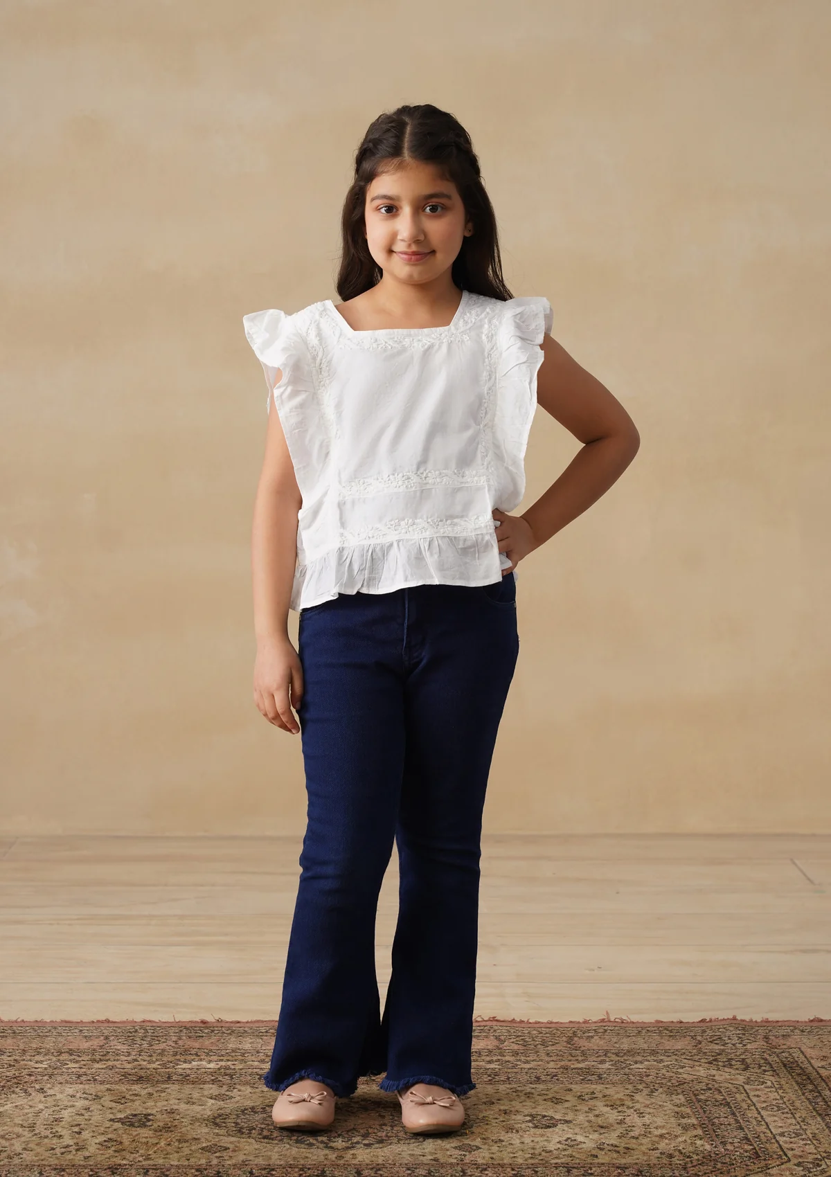 HOC Cotton Chikankari Solid Girls Short Top - White - Image 3