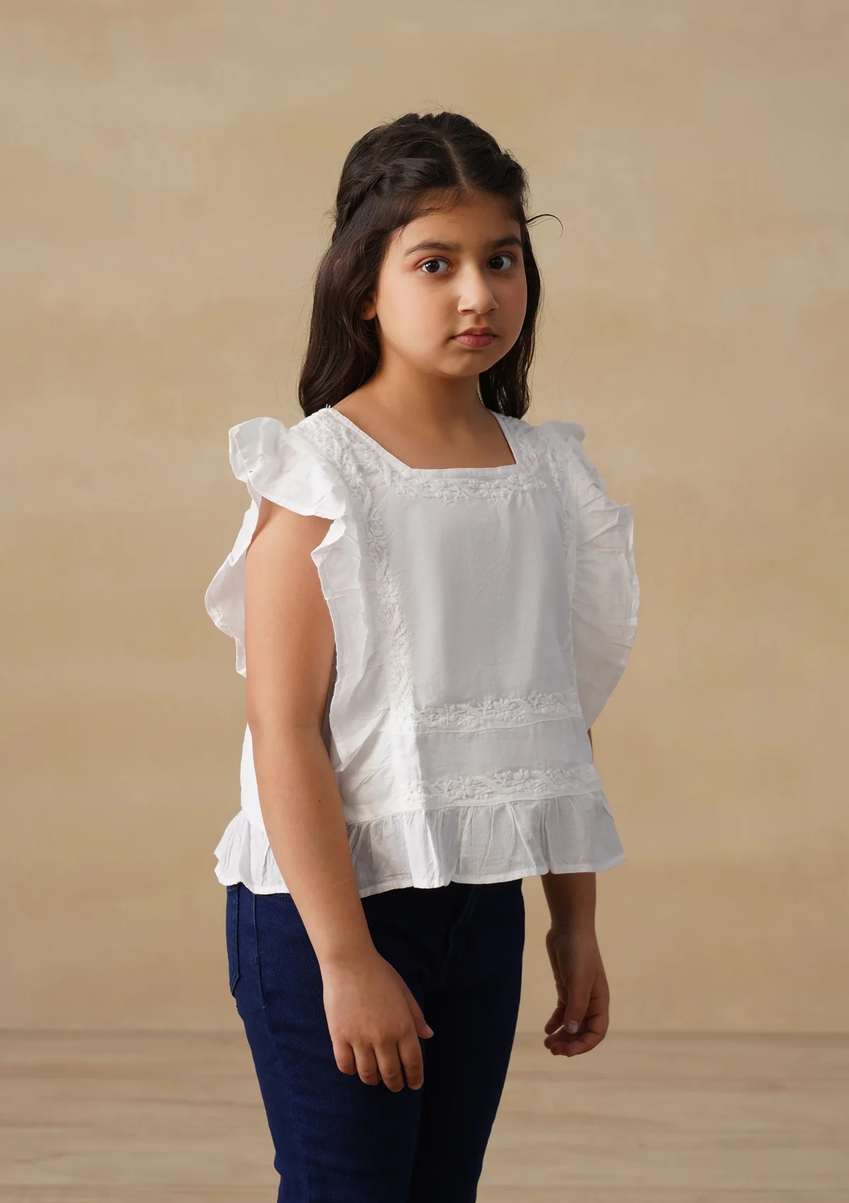 HOC Cotton Chikankari Solid Girls Short Top - White - Image 4