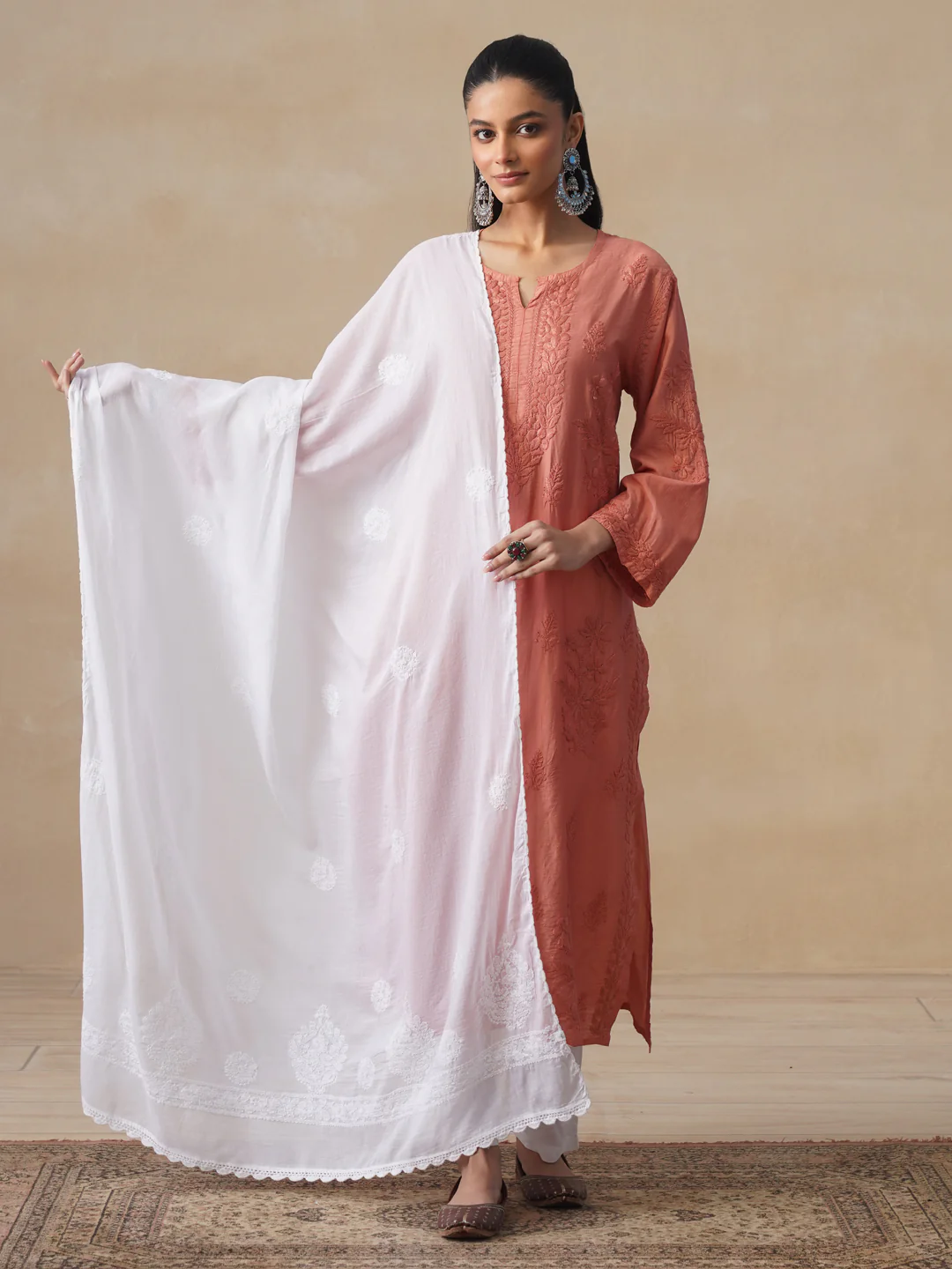 HOC Cotton Chikankari Solid Women's Dupatta - White - Image 3