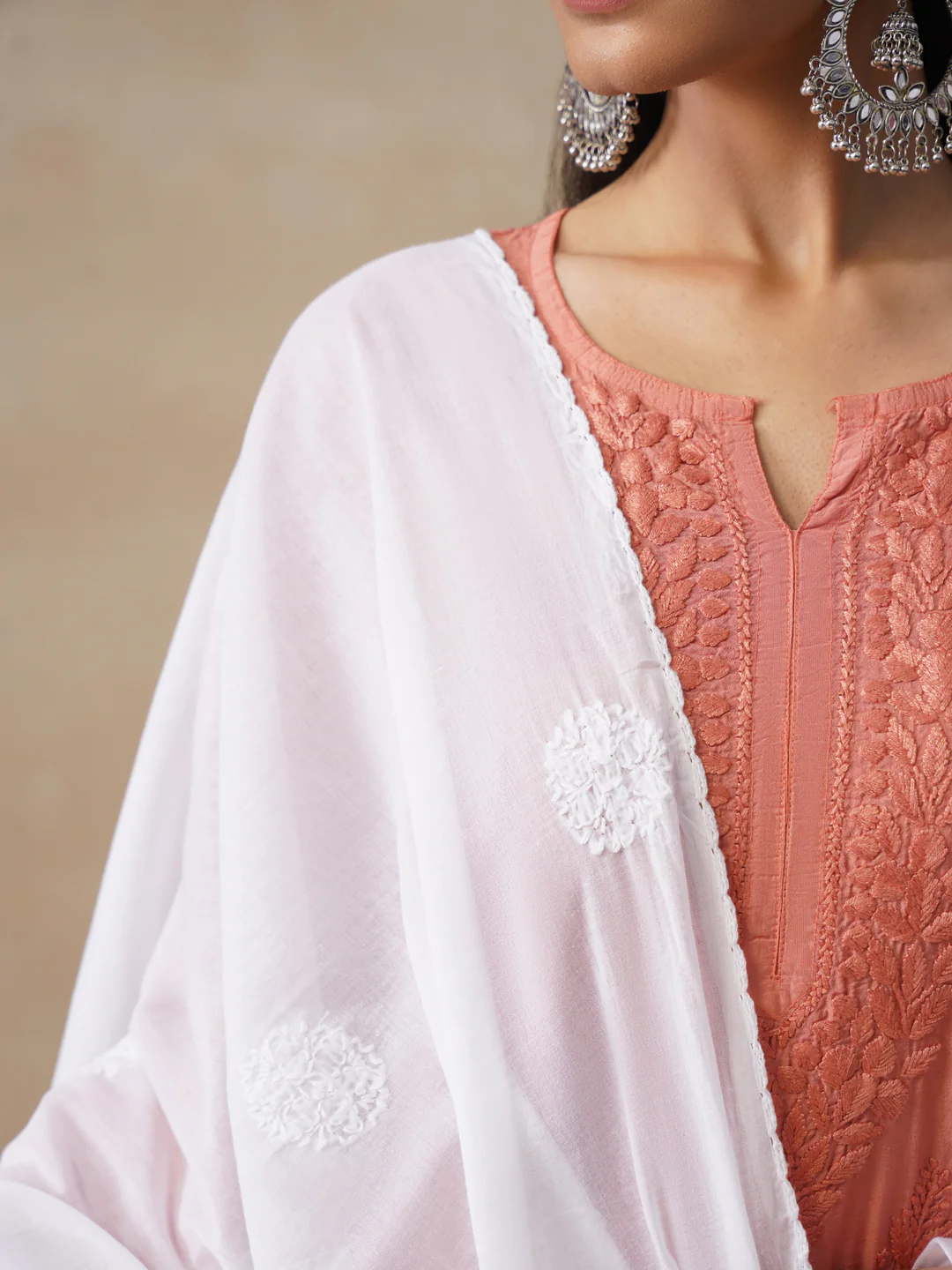 HOC Cotton Chikankari Solid Women's Dupatta - White - Image 5