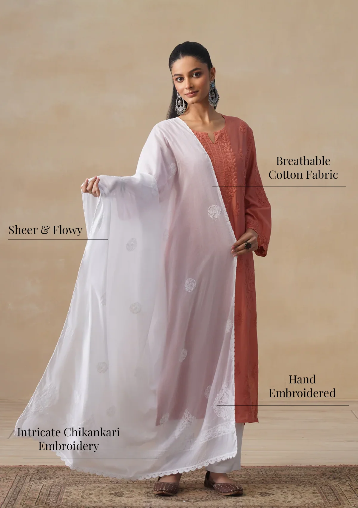 HOC Cotton Chikankari Solid Women's Dupatta - White - Image 6