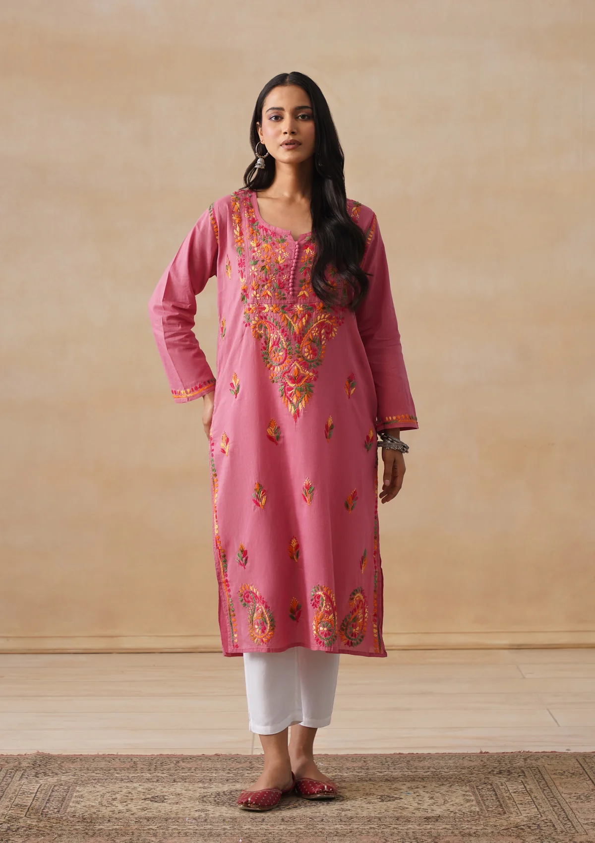 HOC Cotton Chikankari Solid Women's Long Kurta - Dust Pink - Image 7