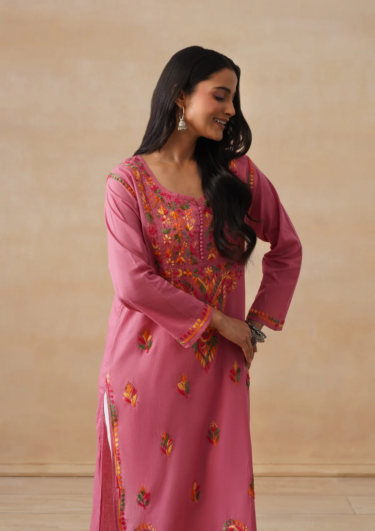 HOC Cotton Chikankari Solid Women's Long Kurta - Dust Pink - Image 9