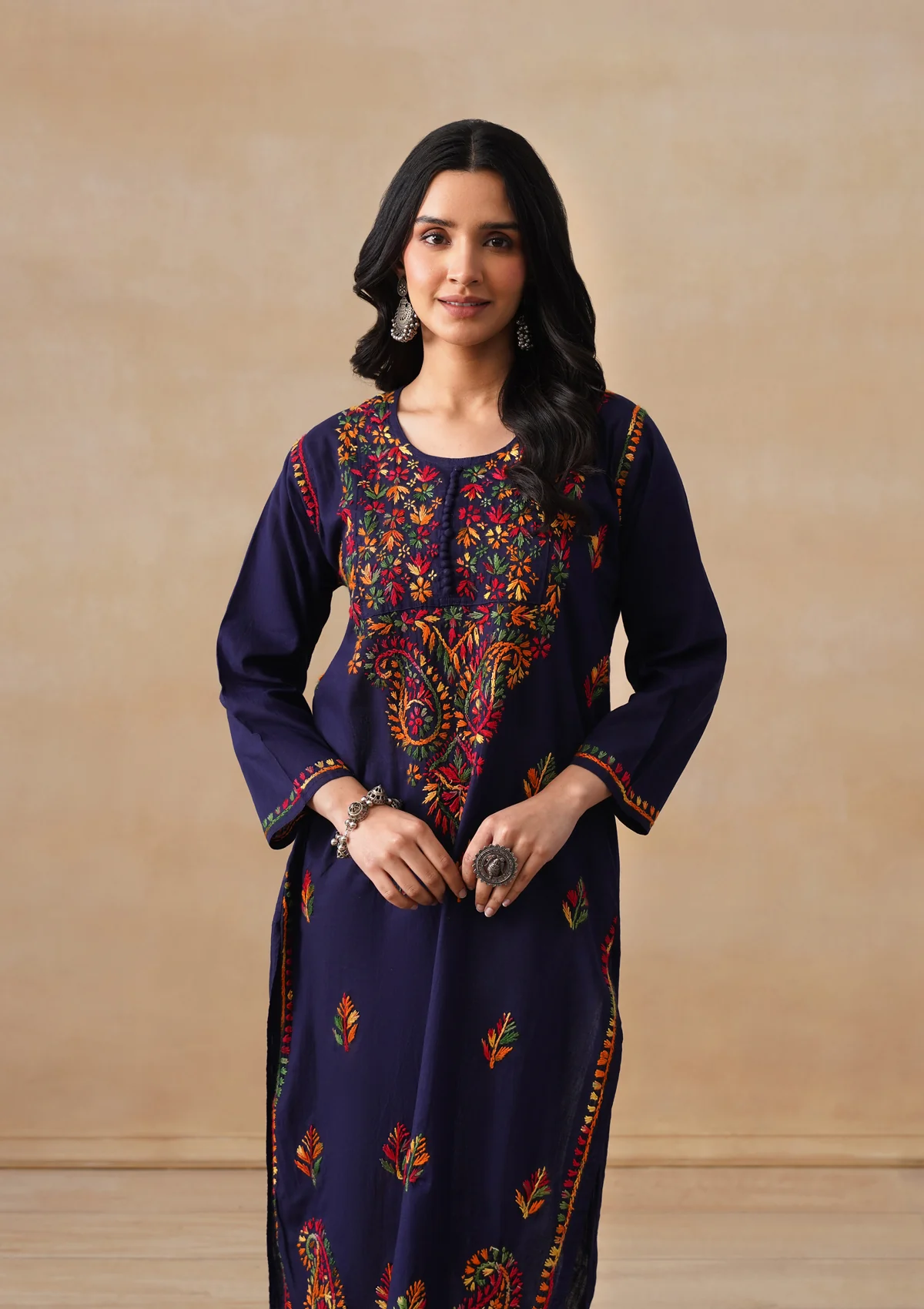 HOC Cotton Chikankari Solid Women's Long Kurta - Navy - Image 2