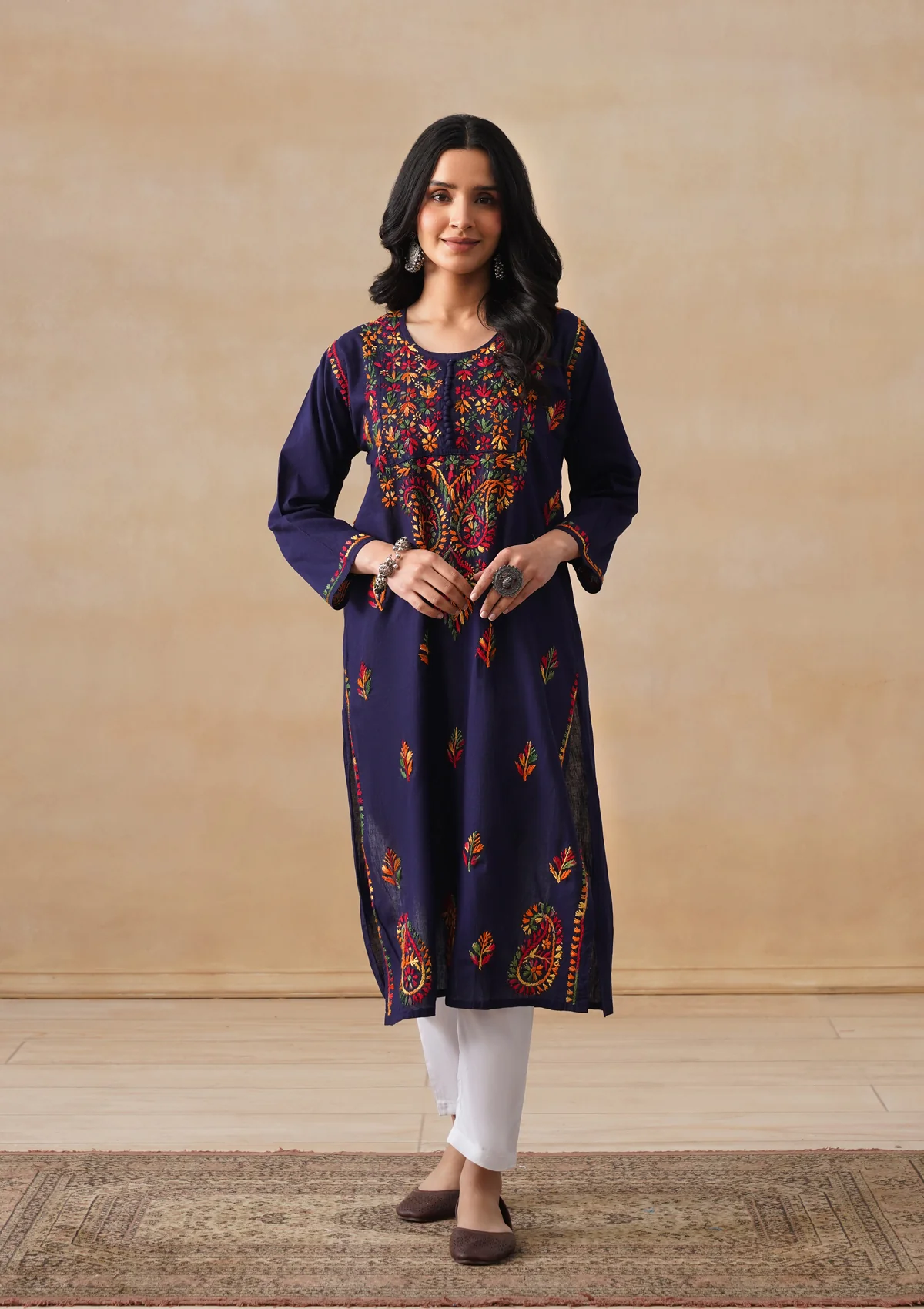 HOC Cotton Chikankari Solid Women's Long Kurta - Navy - Image 3