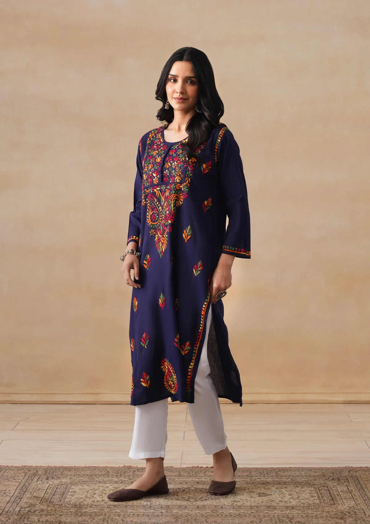 HOC Cotton Chikankari Solid Women's Long Kurta - Navy - Image 6