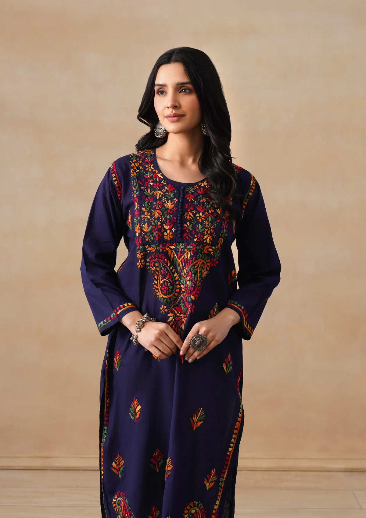 HOC Cotton Chikankari Solid Women's Long Kurta - Navy - Image 7