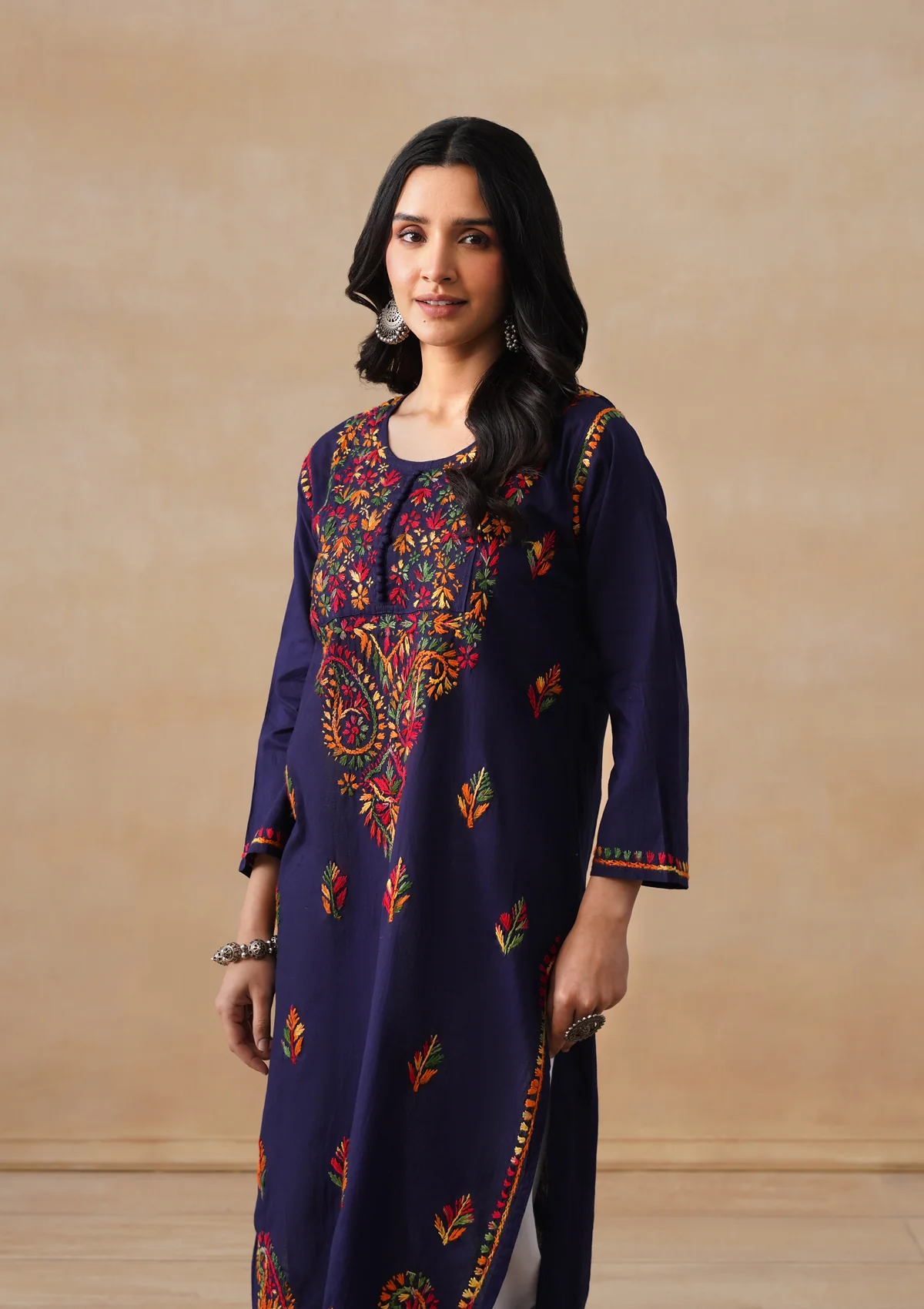 HOC Cotton Chikankari Solid Women's Long Kurta - Navy - Image 8