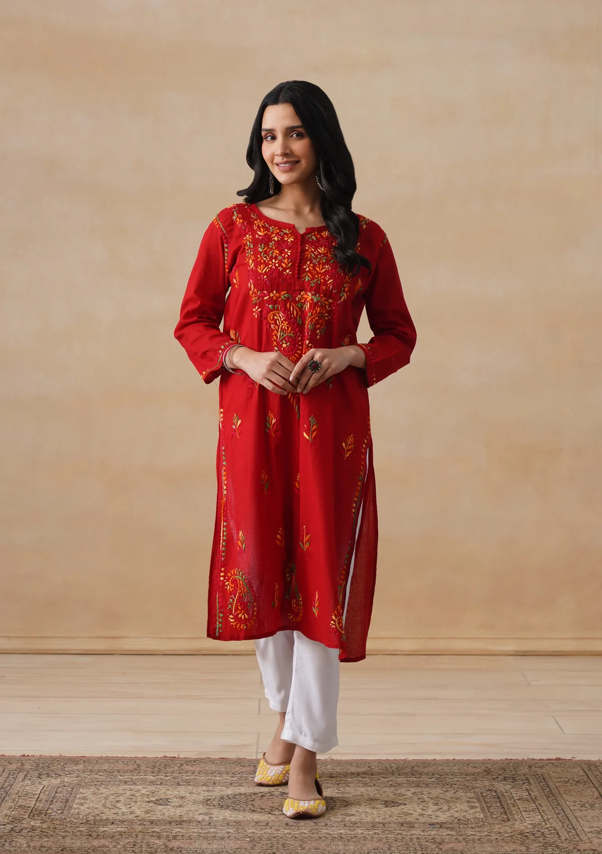 HOC Cotton Chikankari Solid Women's Long Kurta - Red