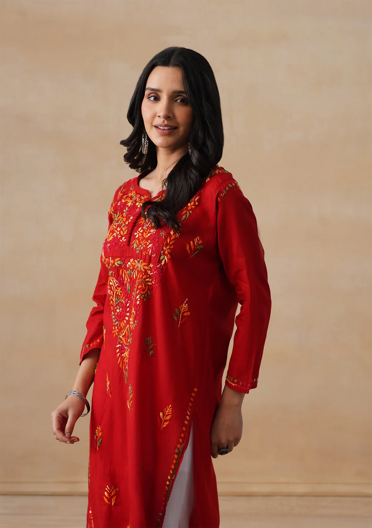 HOC Cotton Chikankari Solid Women's Long Kurta - Red - Image 6