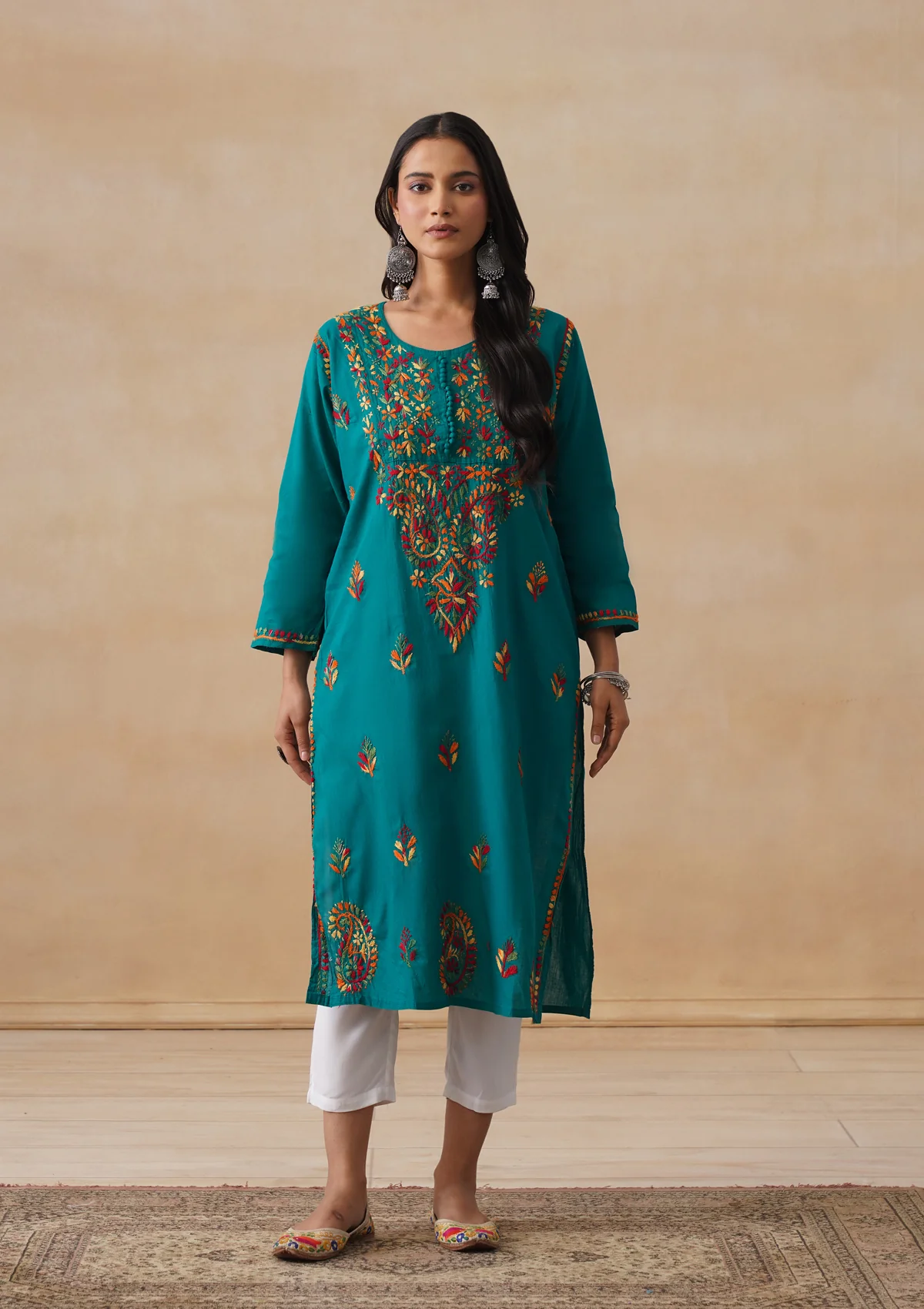 HOC Cotton Chikankari Solid Women's Long Kurta - Teal - Image 3