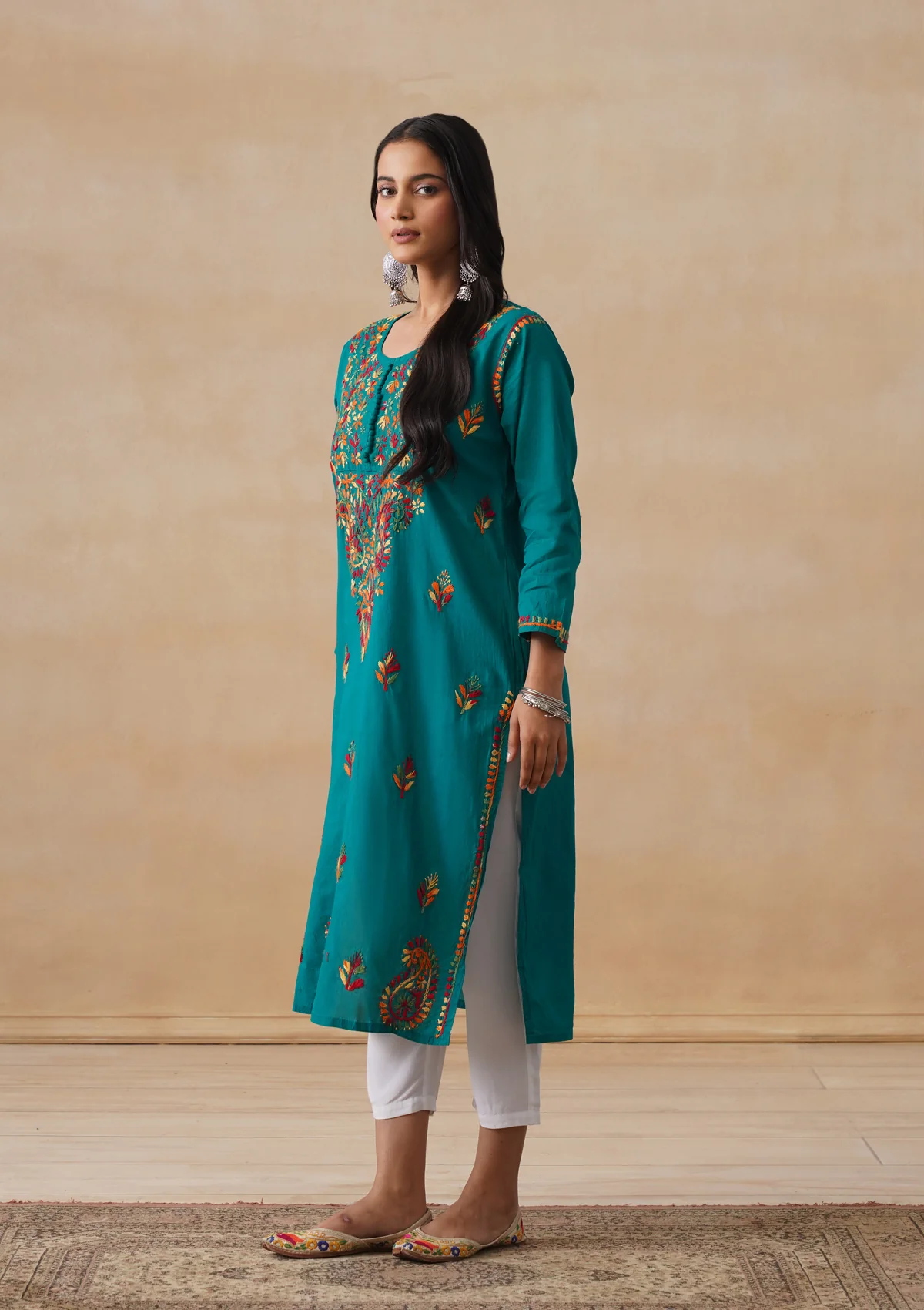 HOC Cotton Chikankari Solid Women's Long Kurta - Teal - Image 5