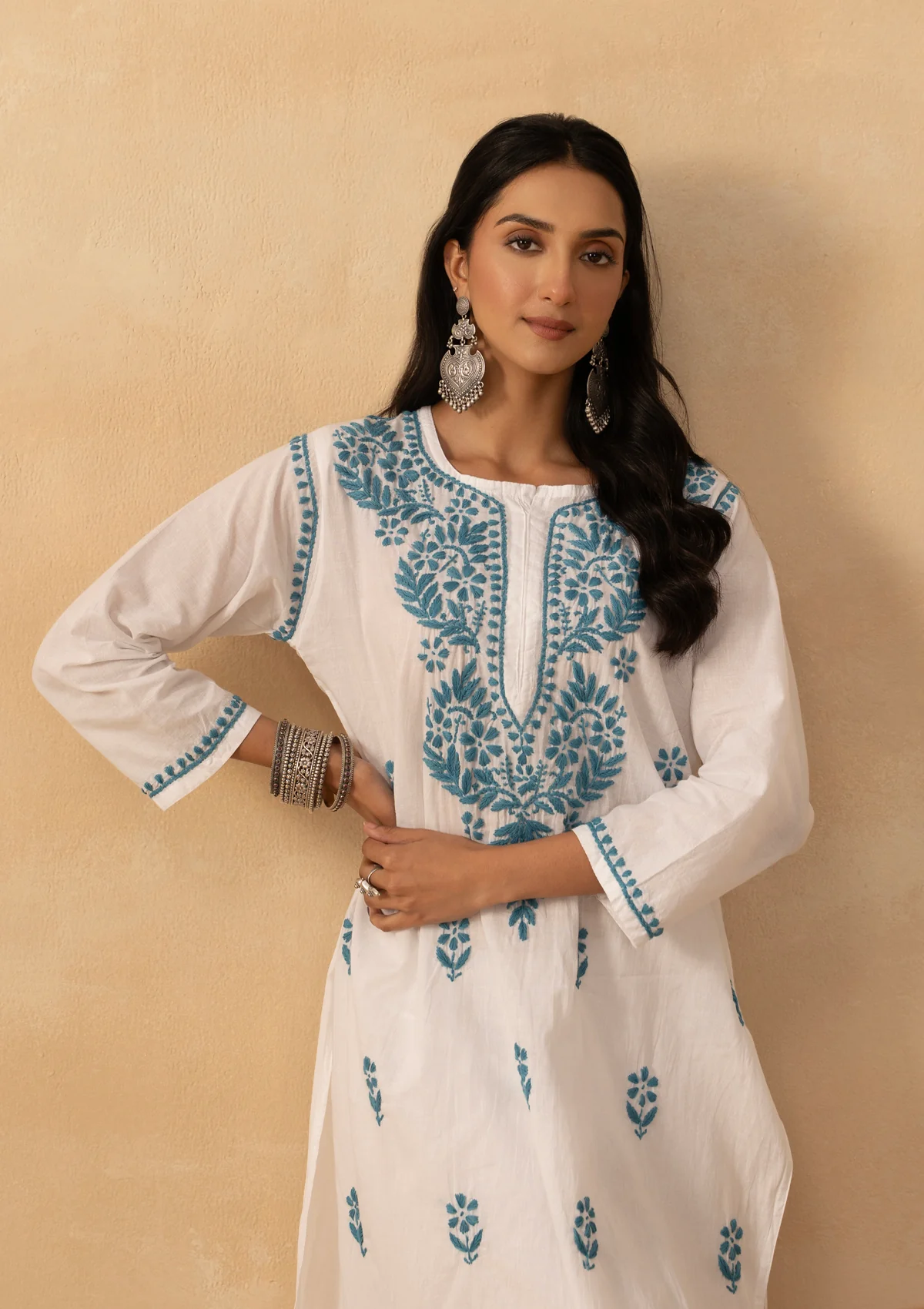 HOC Cotton Chikankari Solid Women's Long Kurta -White - Image 3