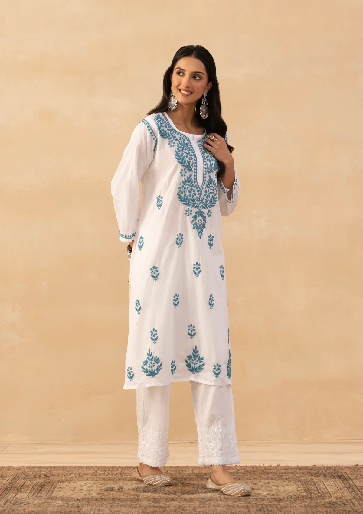 HOC Cotton Chikankari Solid Women's Long Kurta -White - Image 7