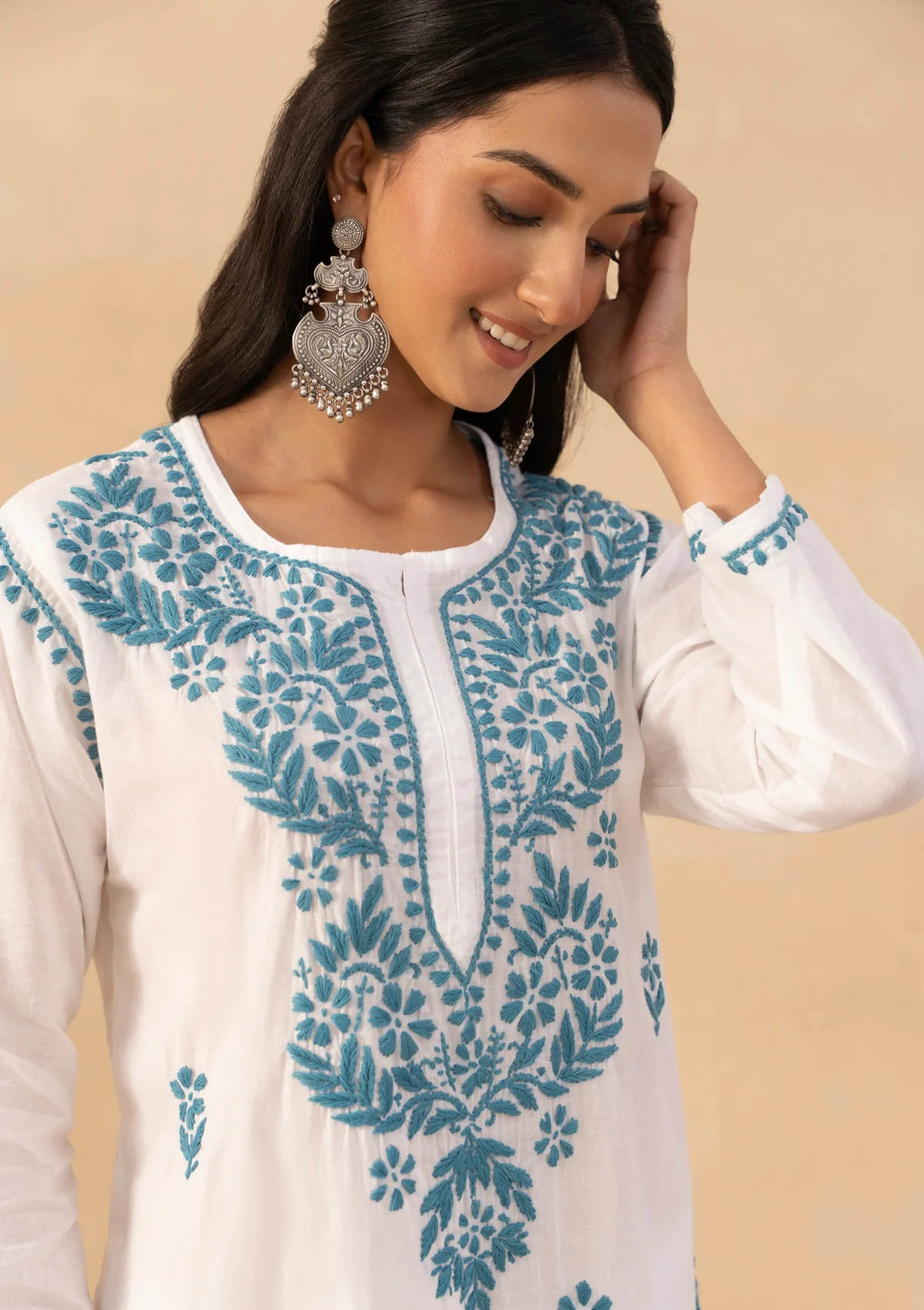 HOC Cotton Chikankari Solid Women's Long Kurta -White - Image 8