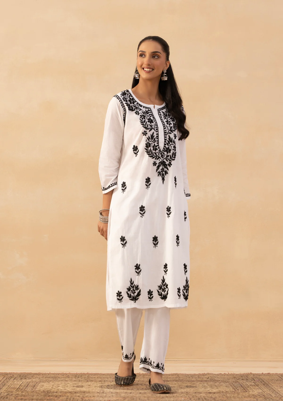 HOC Cotton Chikankari Solid Women's Long Kurta - White - Image 3