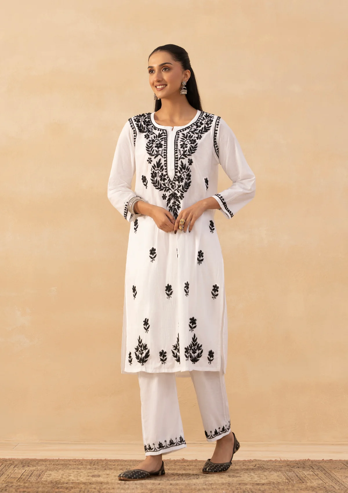 HOC Cotton Chikankari Solid Women's Long Kurta - White - Image 4