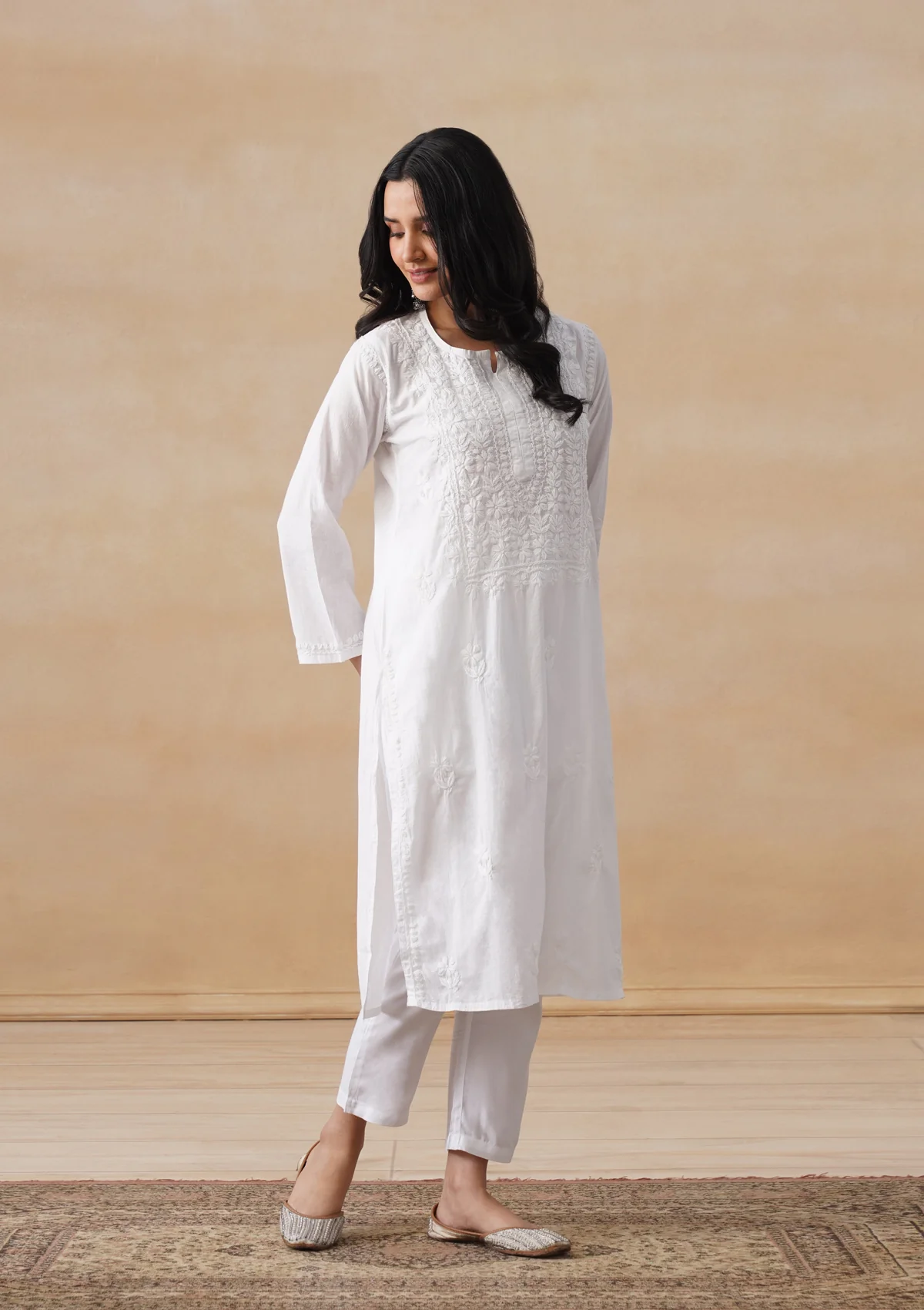 HOC Cotton Chikankari Solid Women's Long Kurta - White - Image 5
