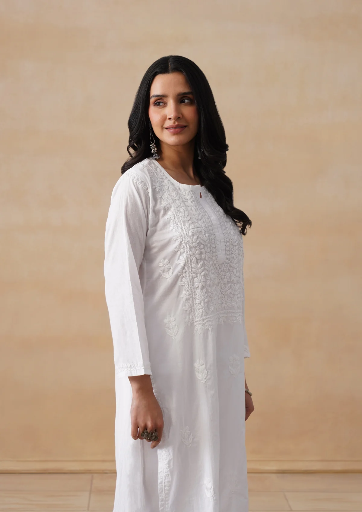 HOC Cotton Chikankari Solid Women's Long Kurta - White - Image 7