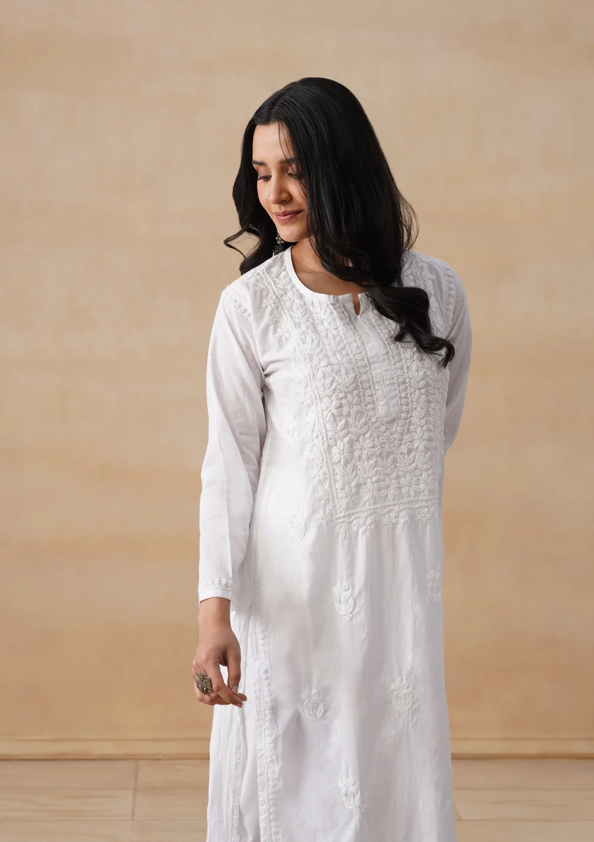 HOC Cotton Chikankari Solid Women's Long Kurta - White - Image 8