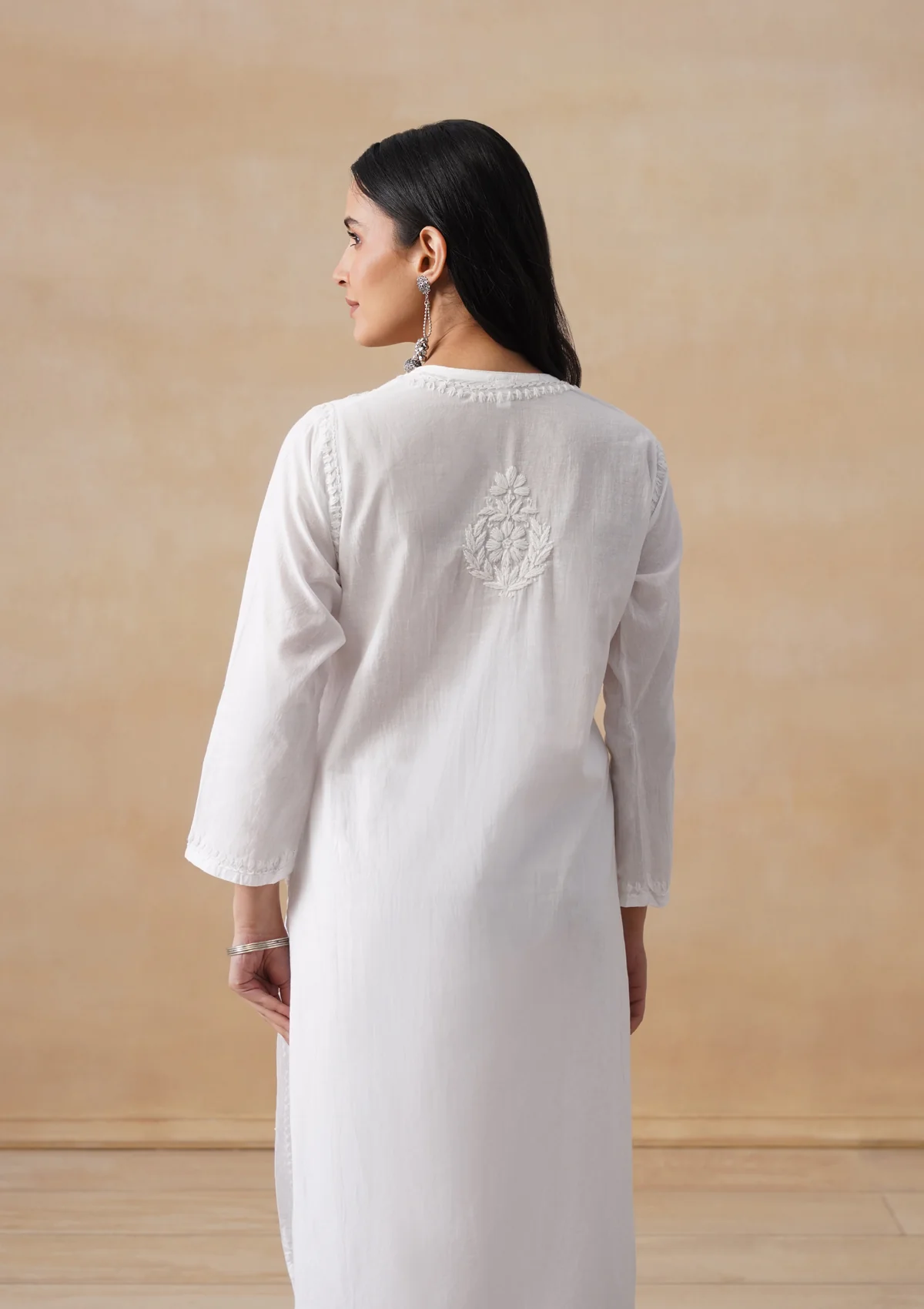 HOC Cotton Chikankari Solid Women's Long Kurta - White - Image 9