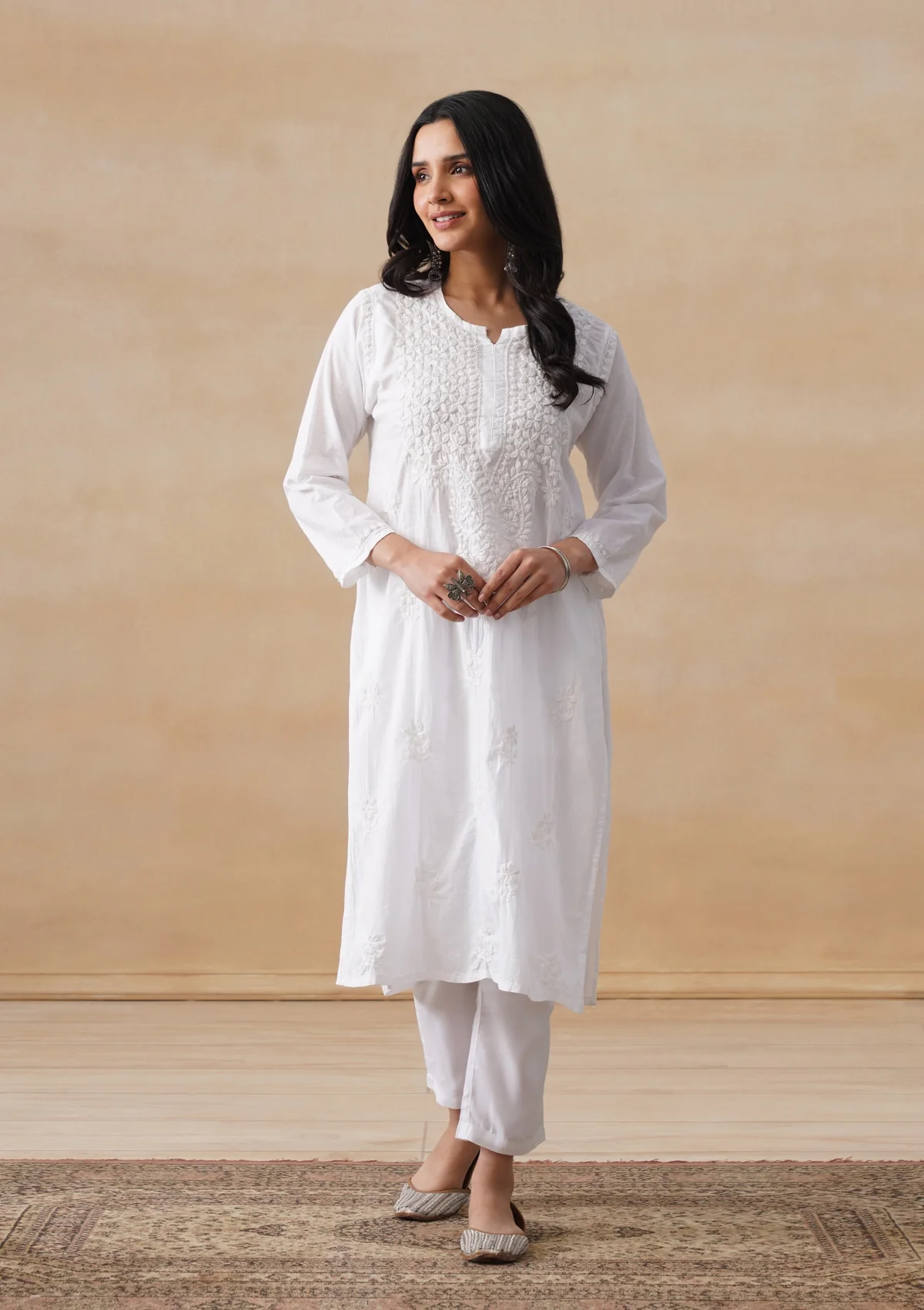 HOC Cotton Chikankari Solid Women's Long Kurta - White