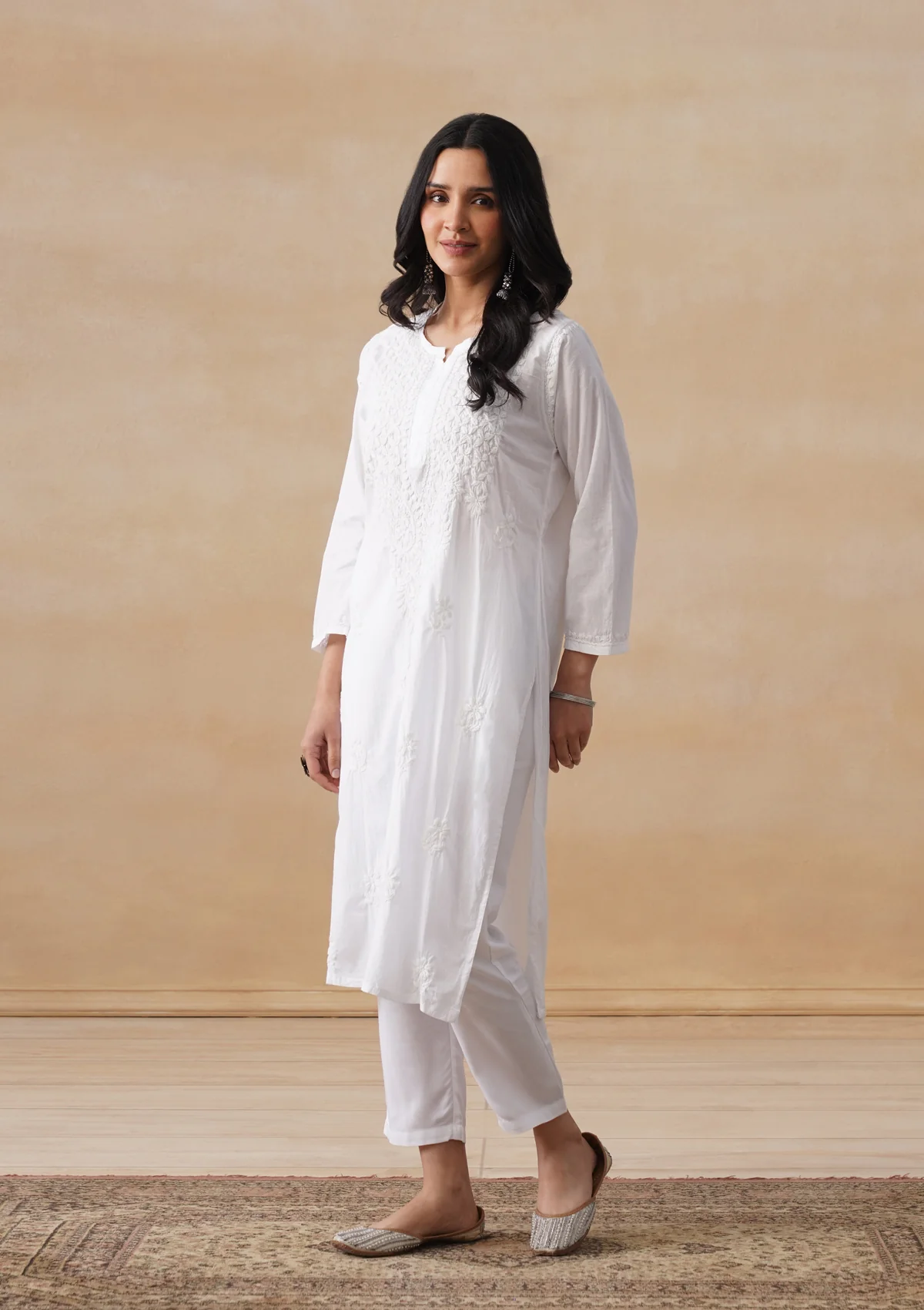 HOC Cotton Chikankari Solid Women's Long Kurta - White - Image 2