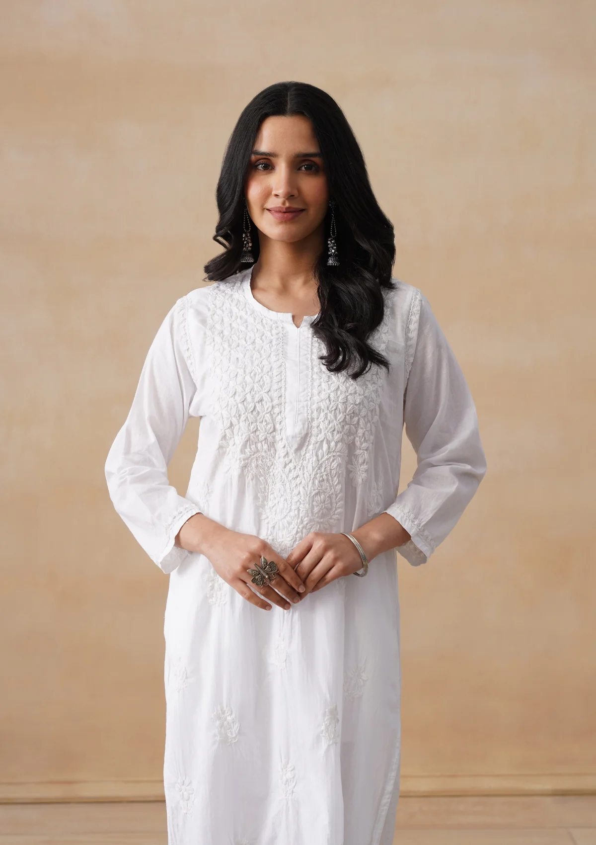 HOC Cotton Chikankari Solid Women's Long Kurta - White - Image 7