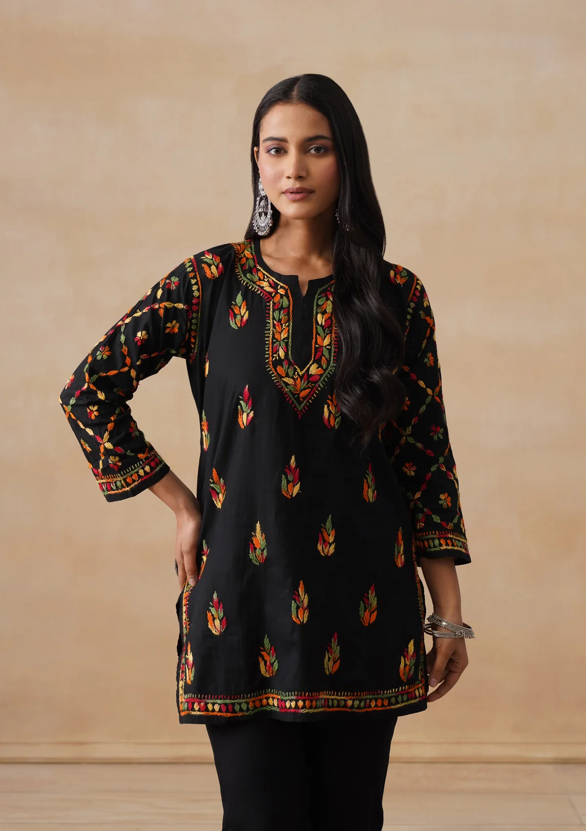 HOC Cotton Chikankari Solid Women's Short Kurta - Black - Image 2