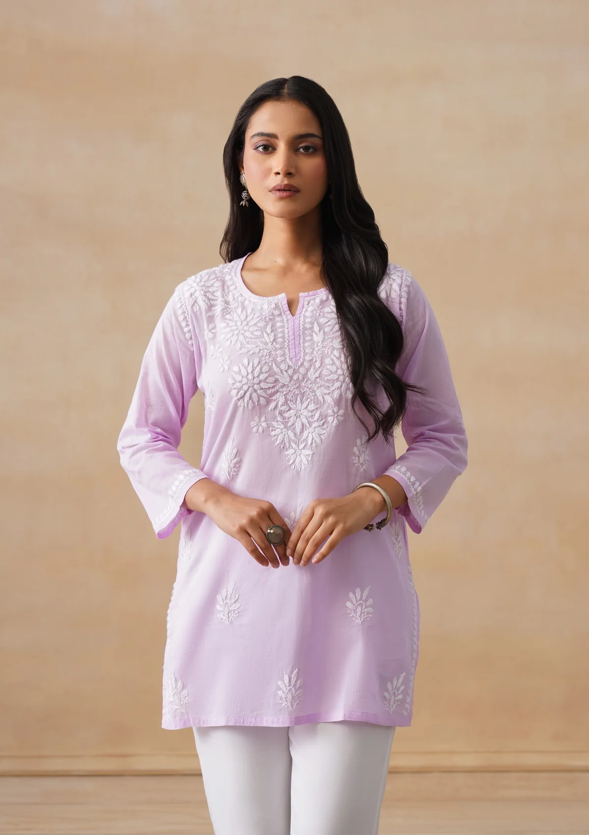 HOC Cotton Chikankari Solid Women's Short Kurta - Lavender
