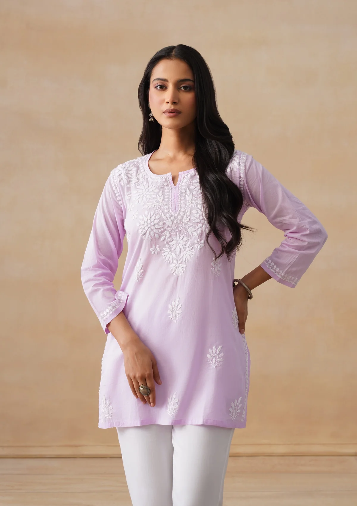 HOC Cotton Chikankari Solid Women's Short Kurta - Lavender - Image 2