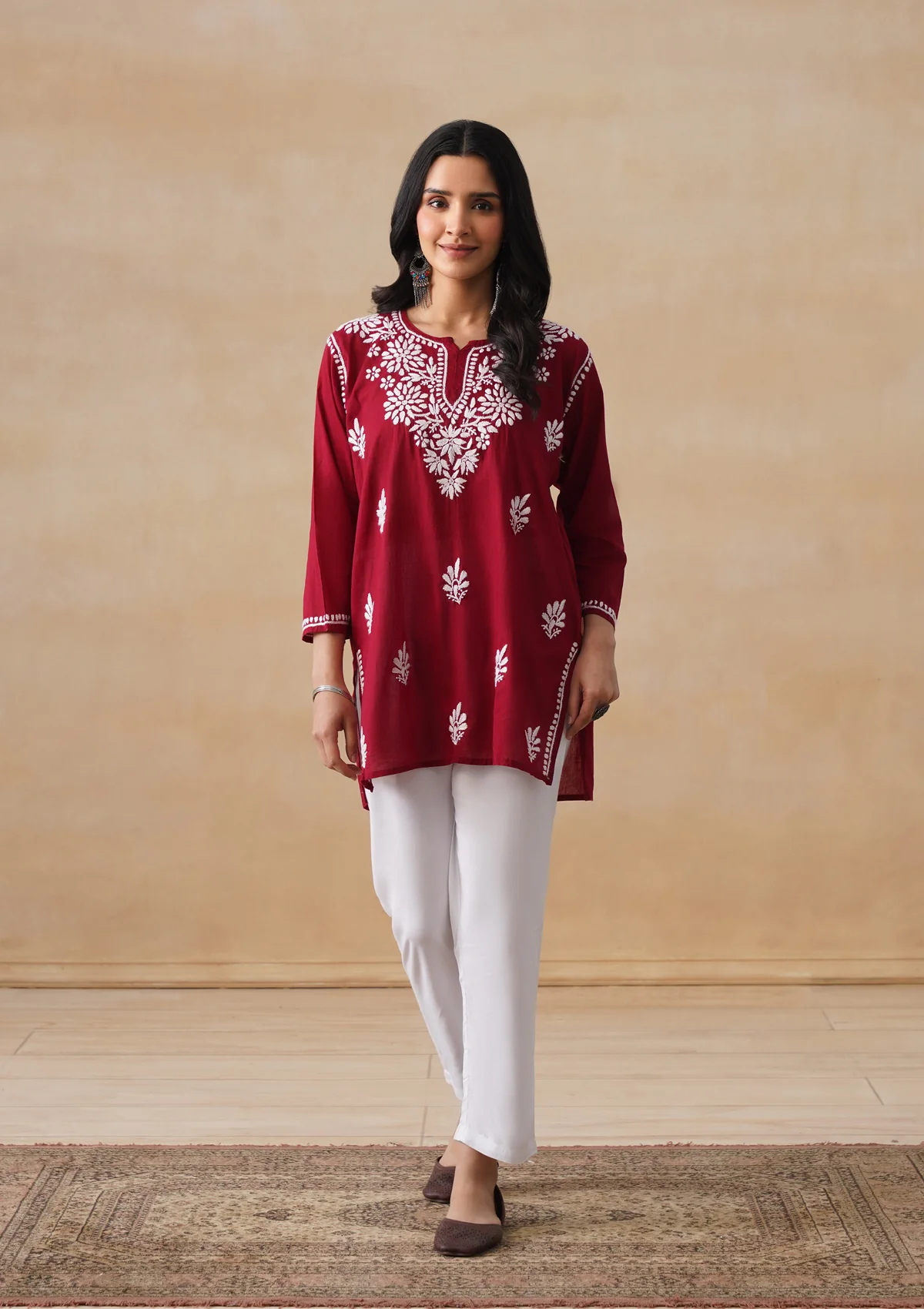 HOC Cotton Chikankari Solid Women's Short Kurta - Maroon - Image 2