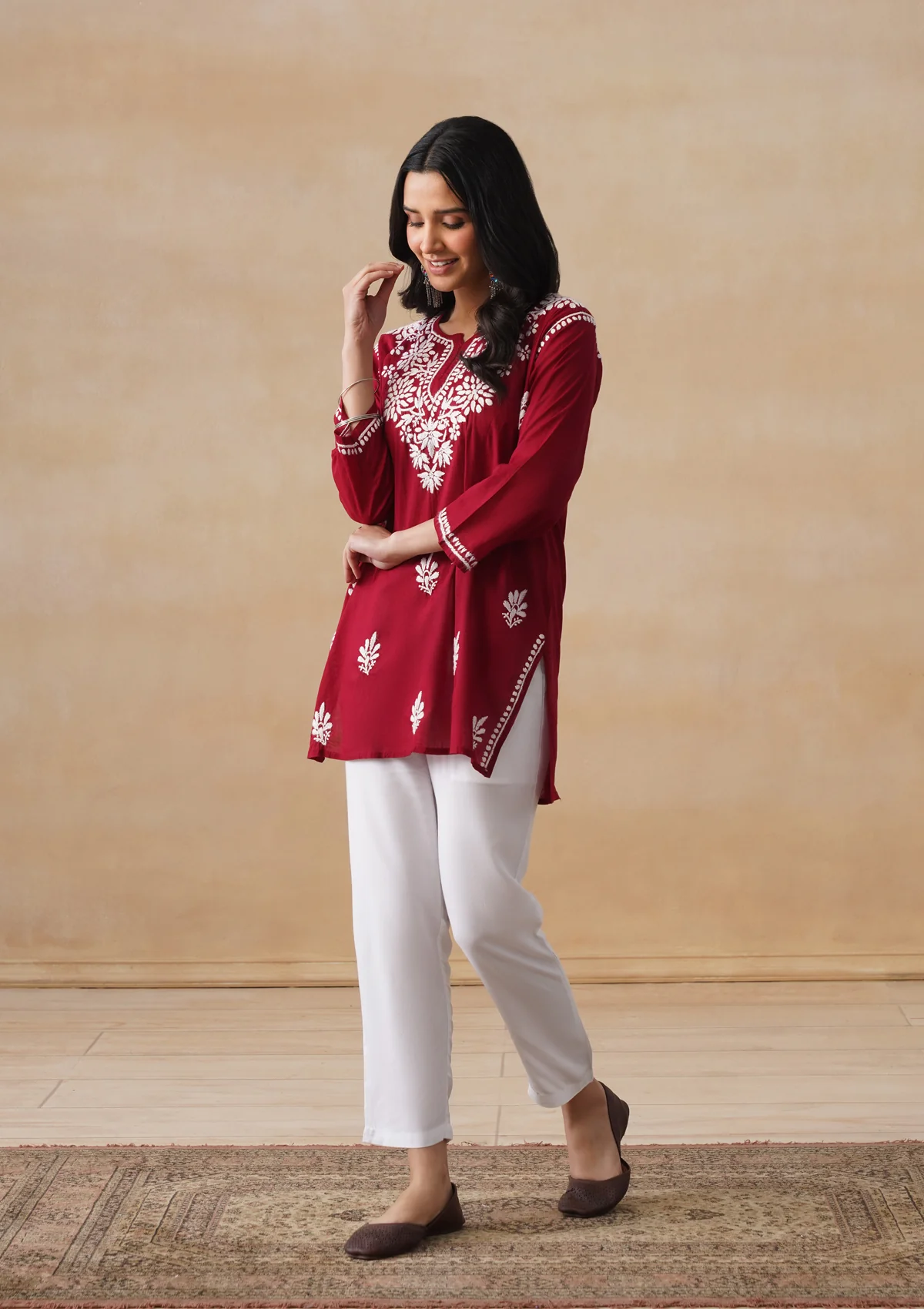 HOC Cotton Chikankari Solid Women's Short Kurta - Maroon - Image 3