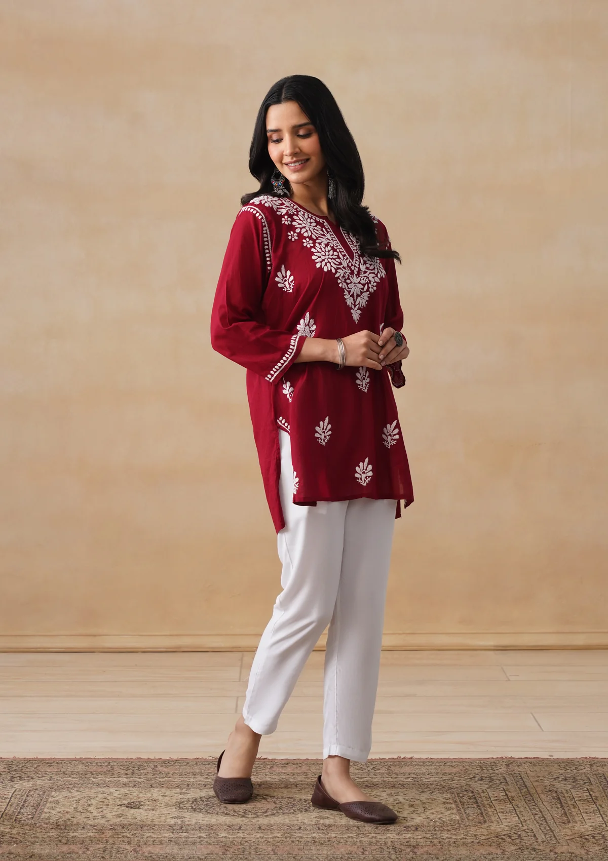 HOC Cotton Chikankari Solid Women's Short Kurta - Maroon - Image 6