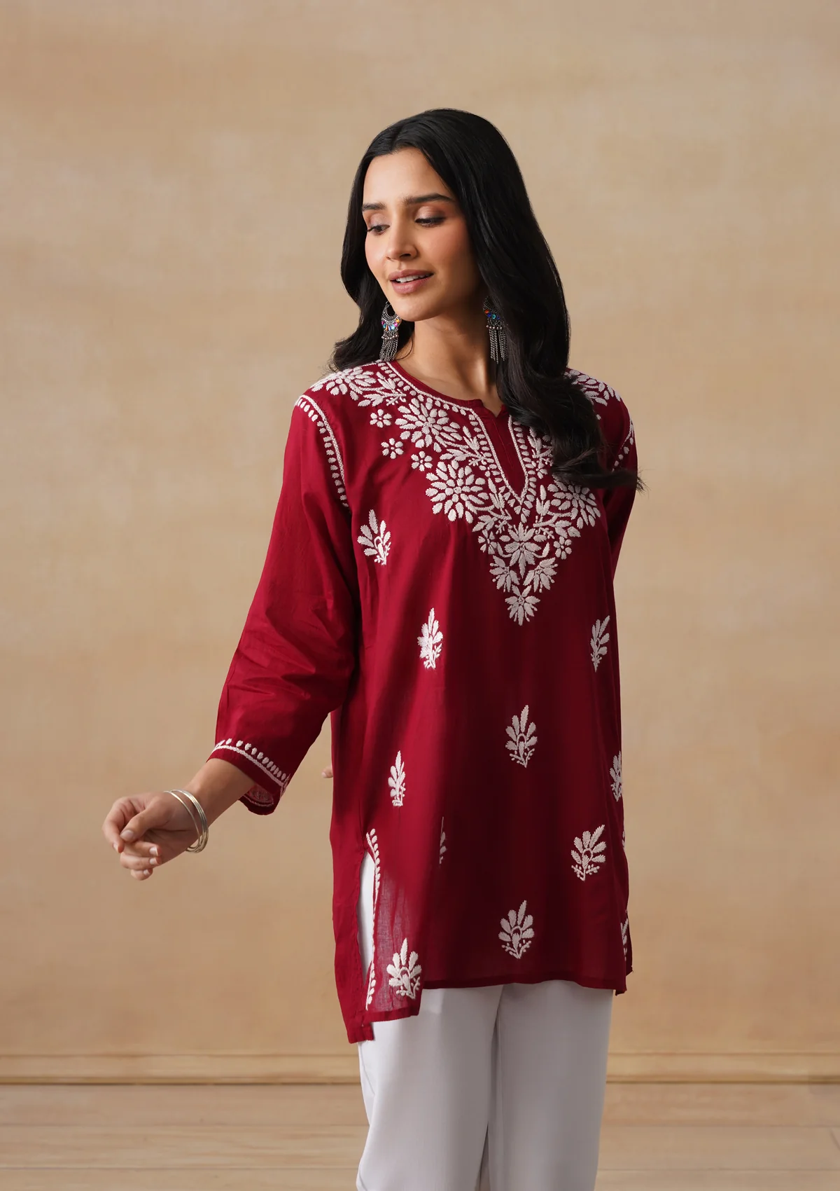 HOC Cotton Chikankari Solid Women's Short Kurta - Maroon - Image 7