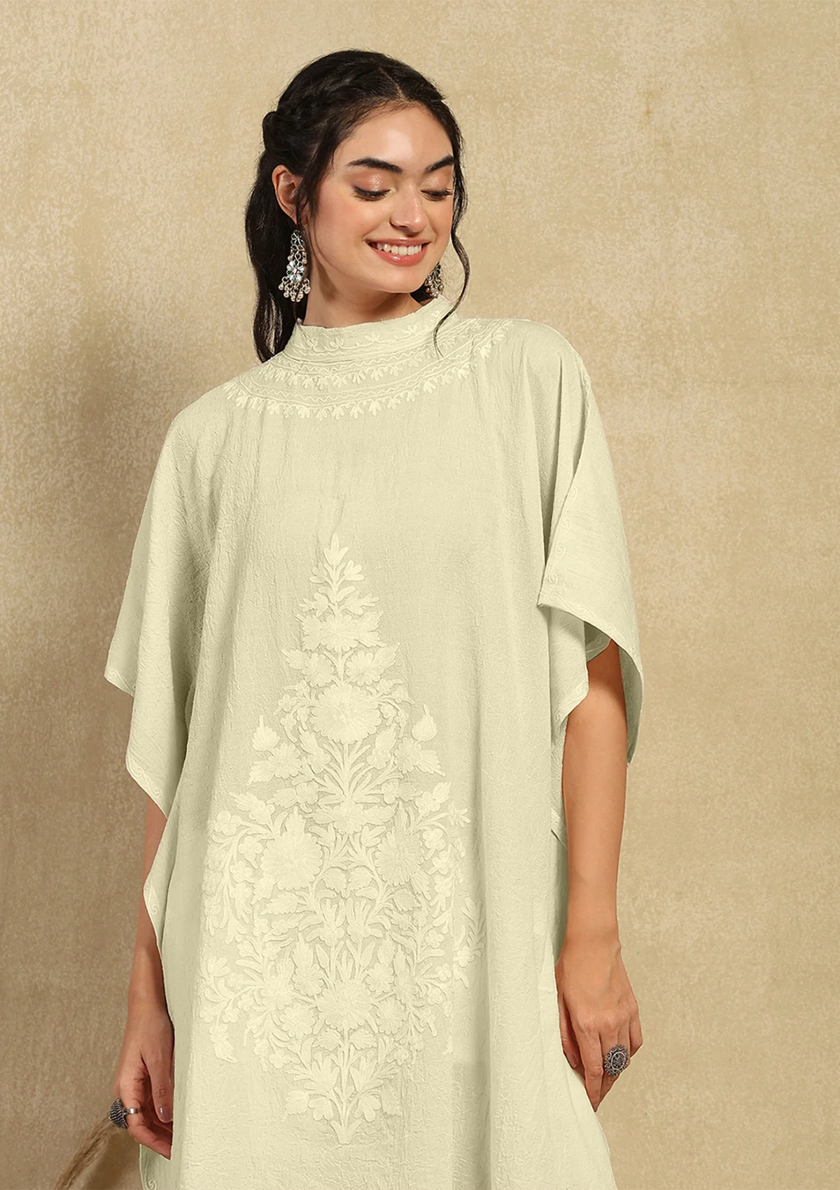 HOC Crafts Aari Embroidered Cotton Crushed Solid Women's Kaftan - Cream