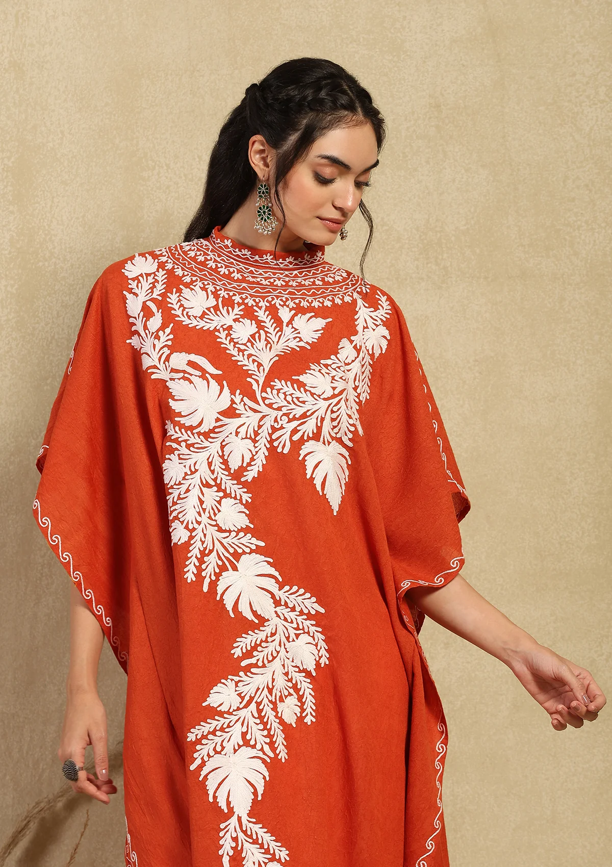 HOC Crafts Aari Embroidered Cotton Crushed Solid Women's Kaftan - Orange