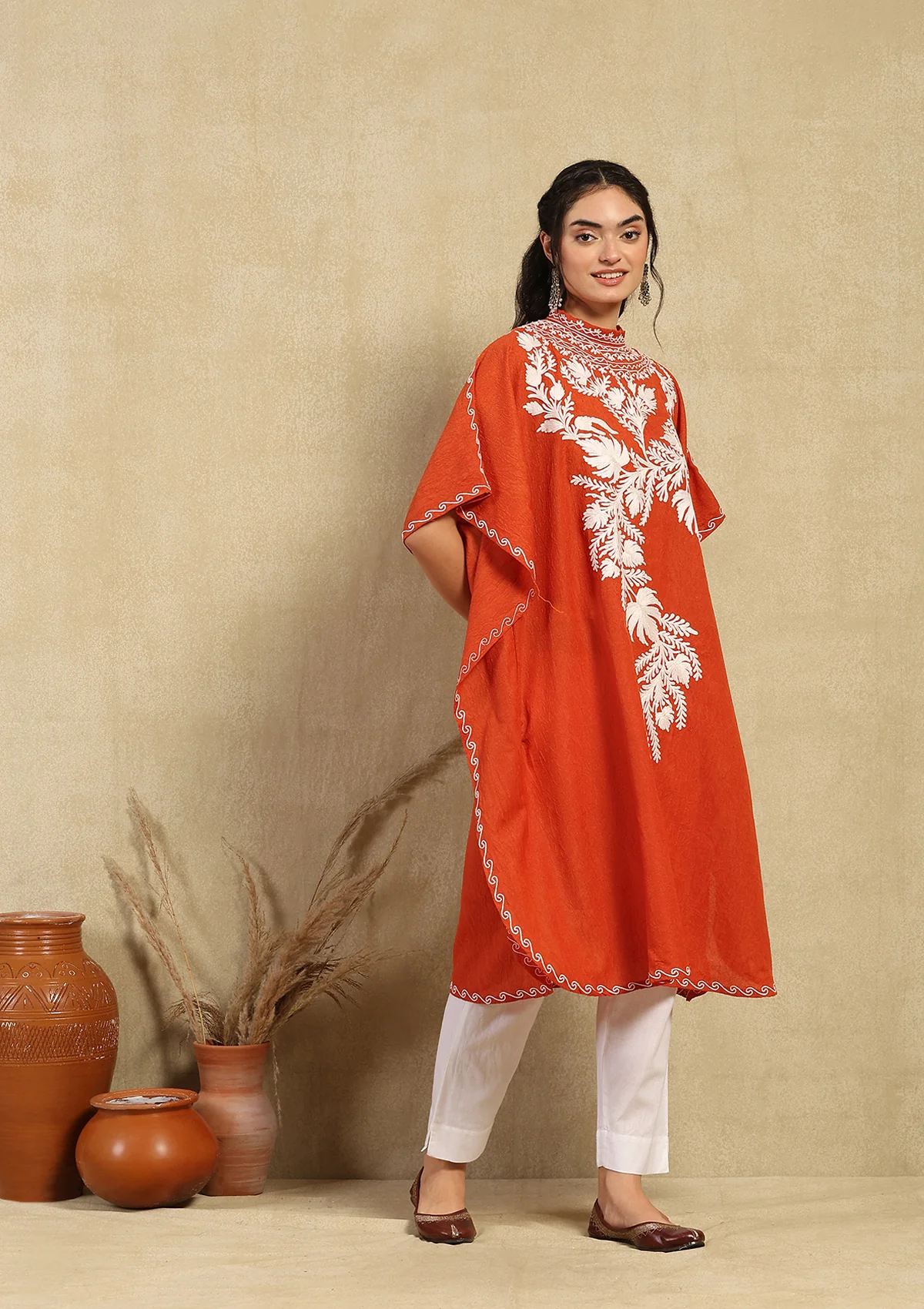 HOC Crafts Aari Embroidered Cotton Crushed Solid Women's Kaftan - Orange - Image 3