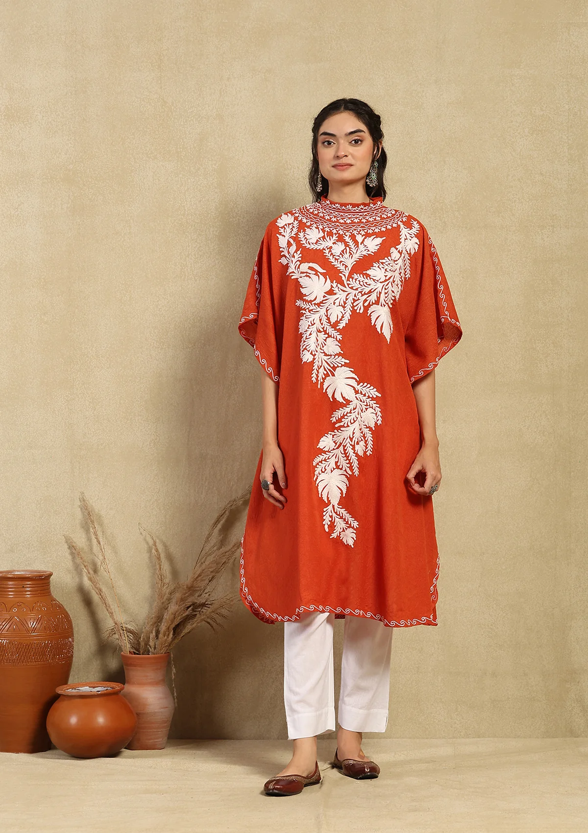 HOC Crafts Aari Embroidered Cotton Crushed Solid Women's Kaftan - Orange - Image 4