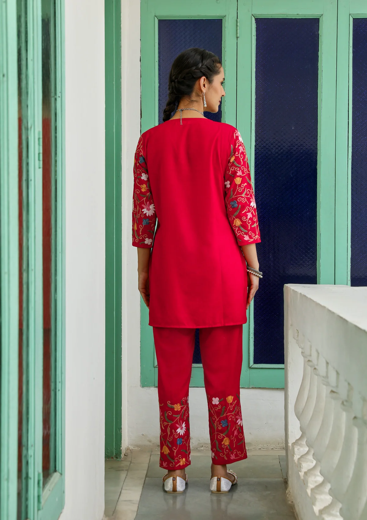 HOC Aari Embroidered Cotton Solid Women's 2 PC Co-ord Set - Red - Image 8