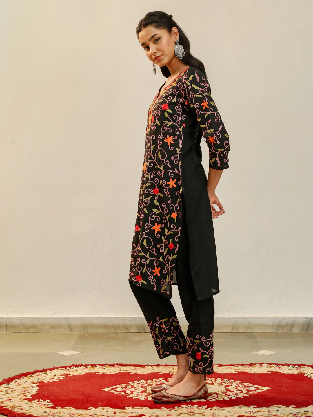 HOC Aari Embroidered Cotton Solid Women's 2PC Long Kurta Set - Black - Image 3