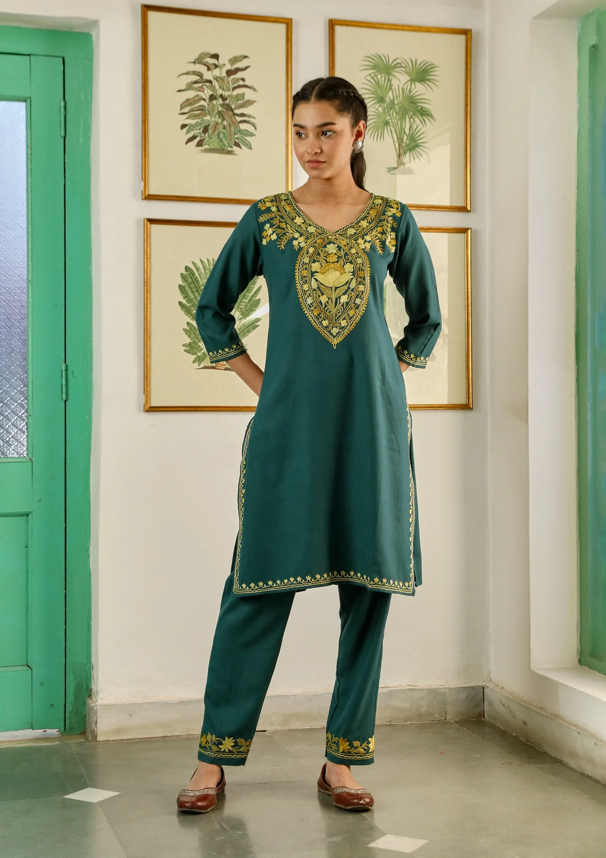 HOC Aari Embroidered Cotton Solid Women's 2PC Long Kurta Set - Teal Green - Image 3