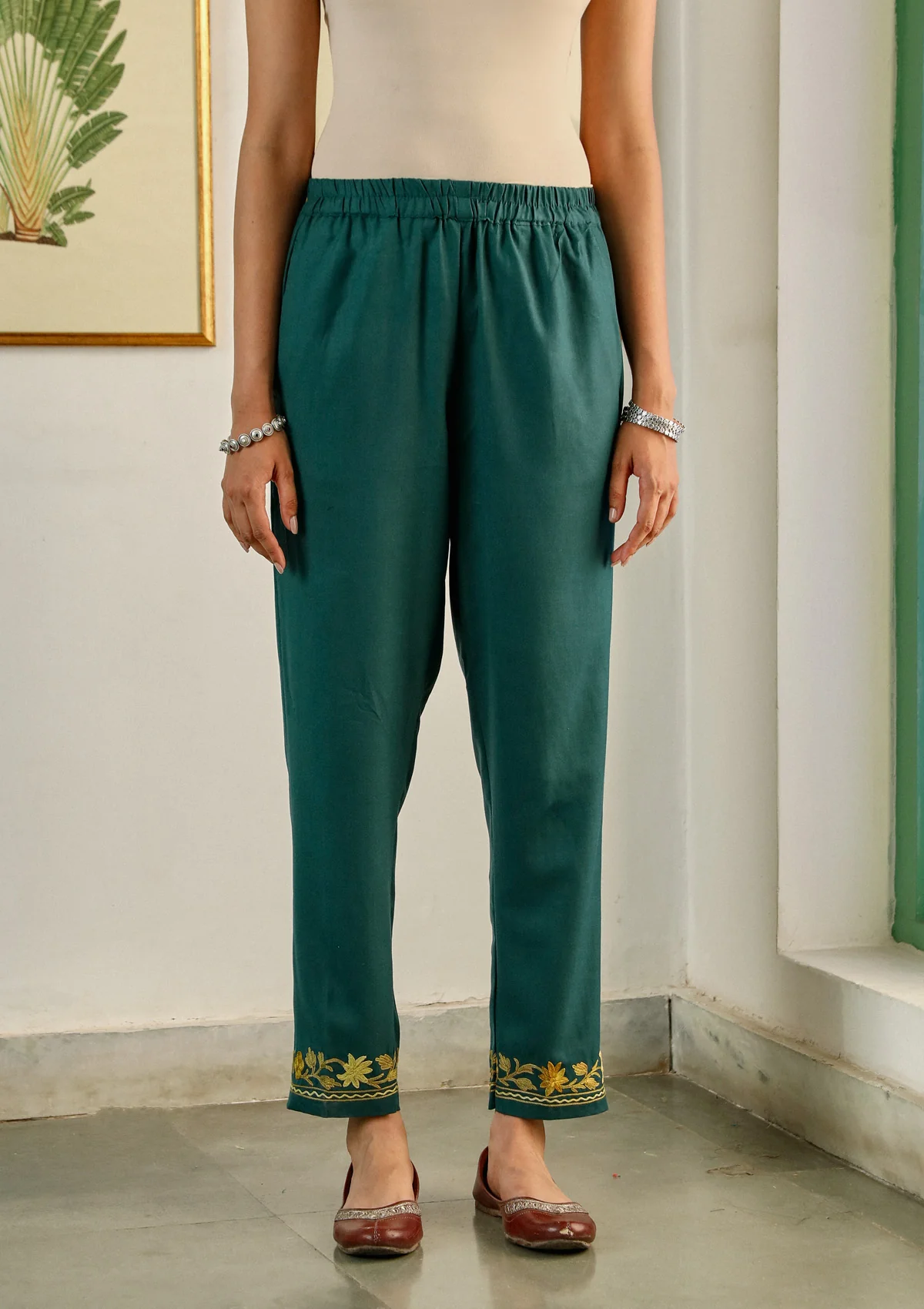 HOC Aari Embroidered Cotton Solid Women's 2PC Long Kurta Set - Teal Green - Image 6