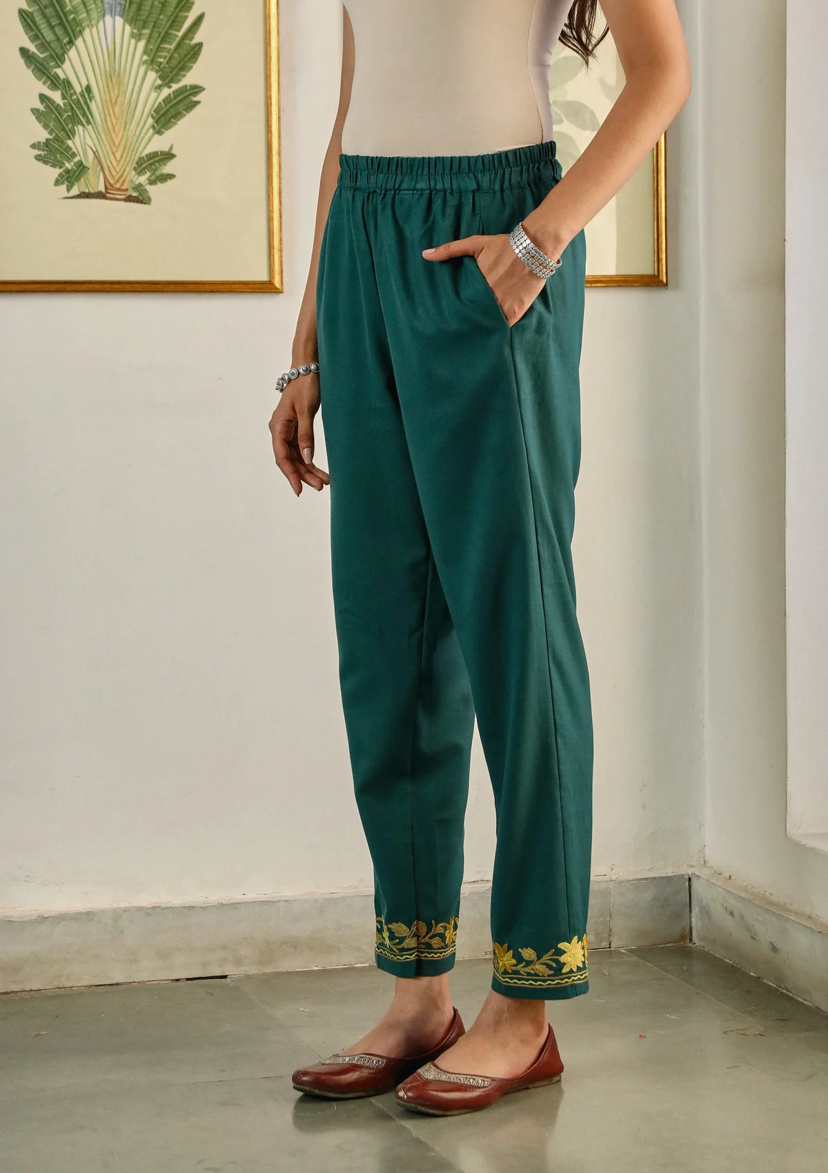 HOC Aari Embroidered Cotton Solid Women's 2PC Long Kurta Set - Teal Green - Image 7