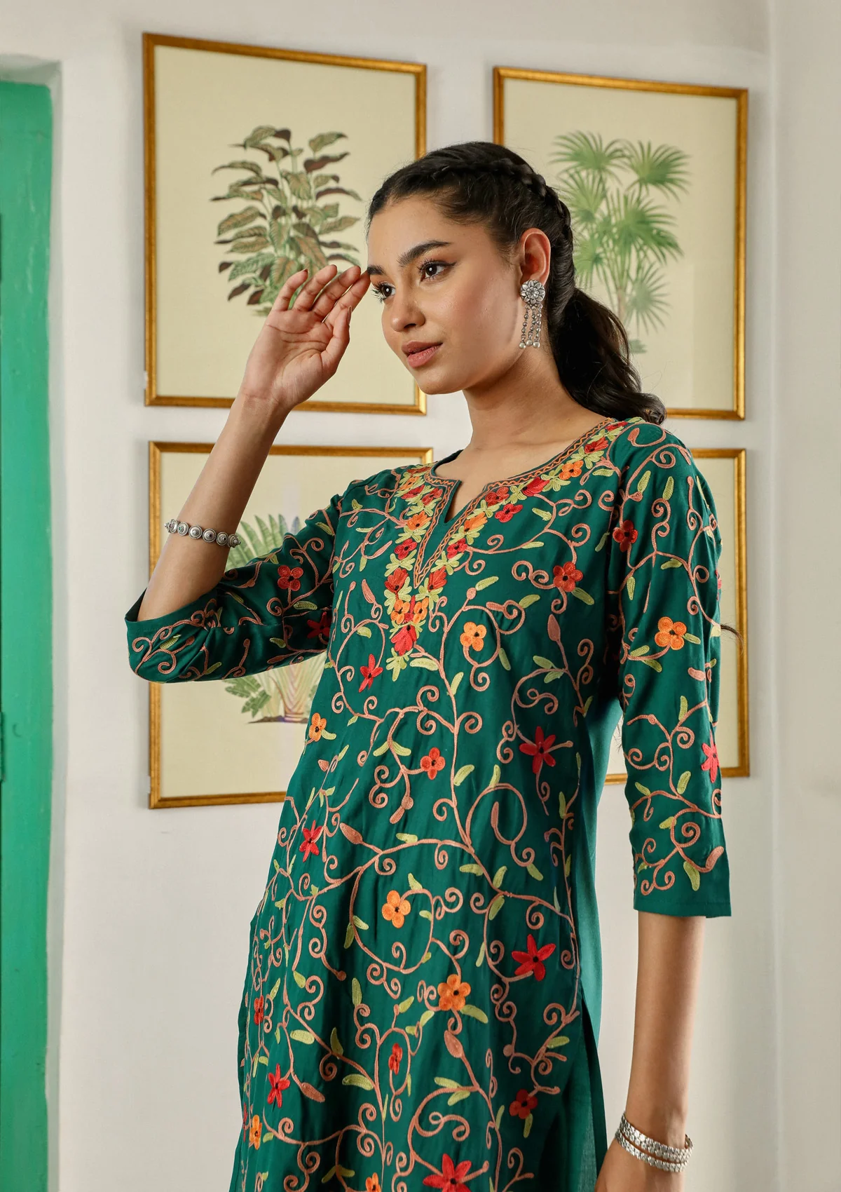 HOC Aari Embroidered Cotton Solid Women's 2PC Long Kurta Set - Teal Green - Image 2