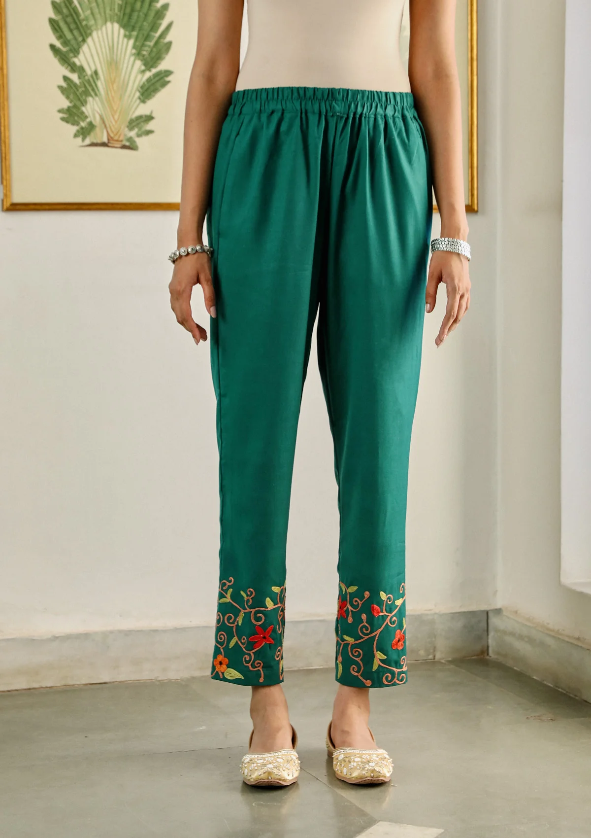 HOC Aari Embroidered Cotton Solid Women's 2PC Long Kurta Set - Teal Green - Image 4