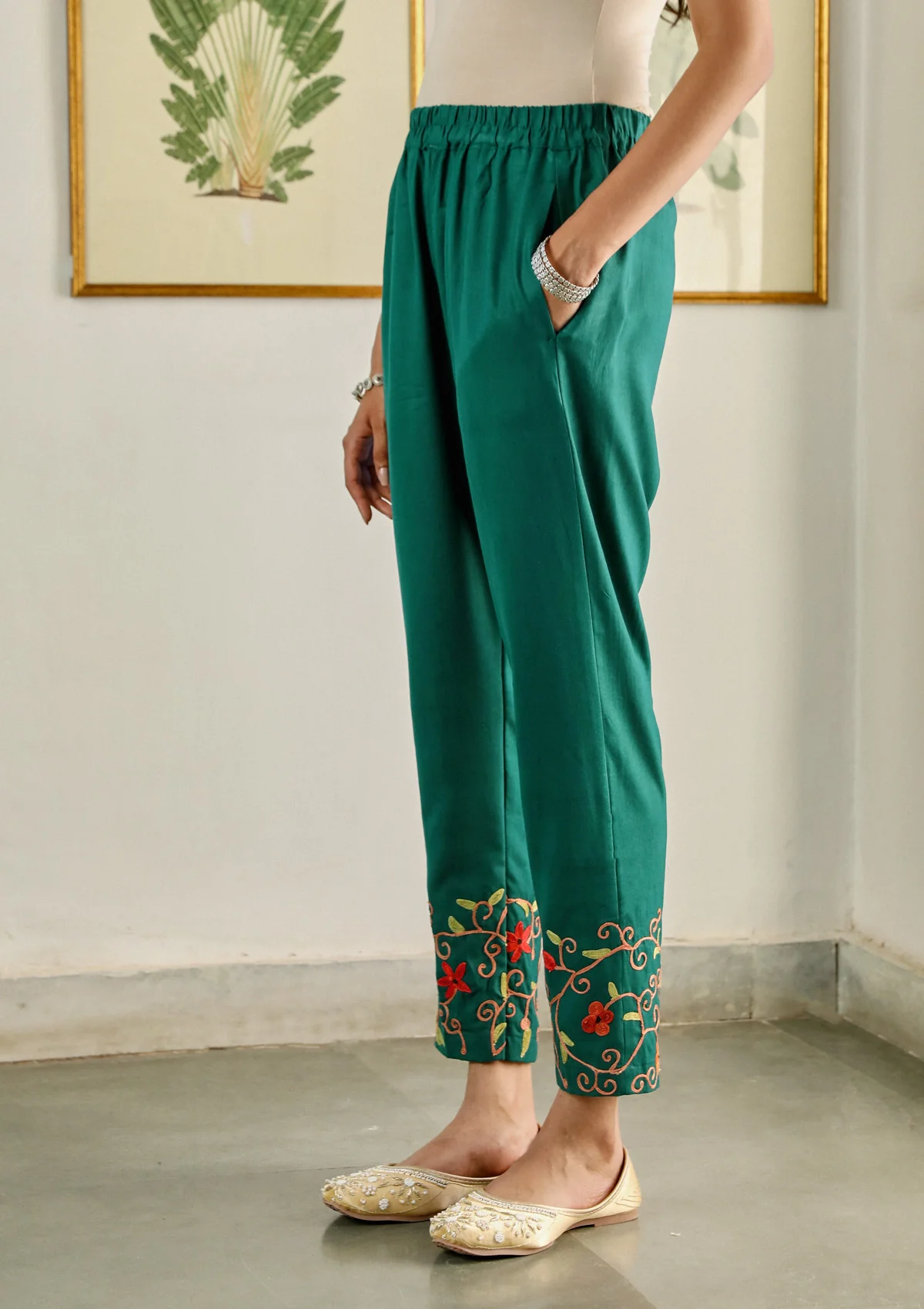 HOC Aari Embroidered Cotton Solid Women's 2PC Long Kurta Set - Teal Green - Image 5
