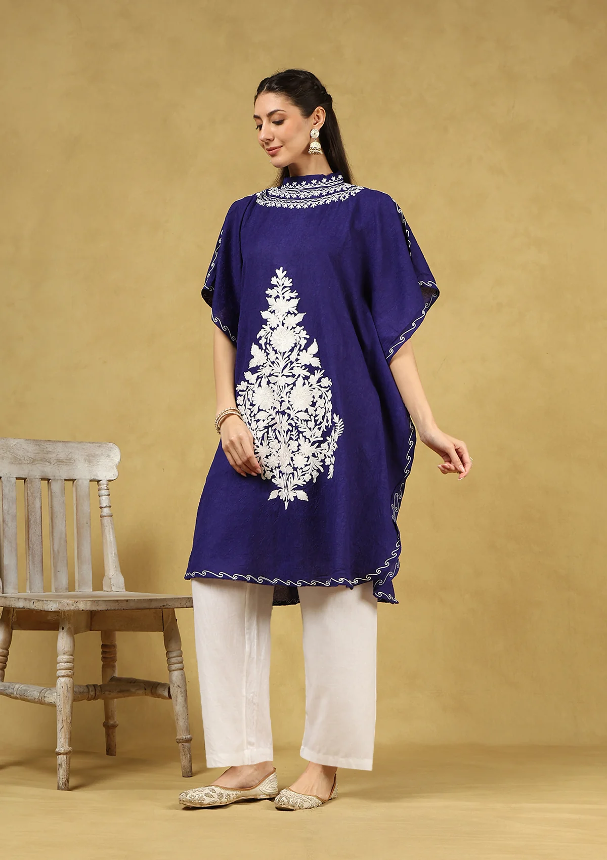 HOC Crafts Aari Embroidered Cotton Solid Women's Kaftan - Blue - Image 3